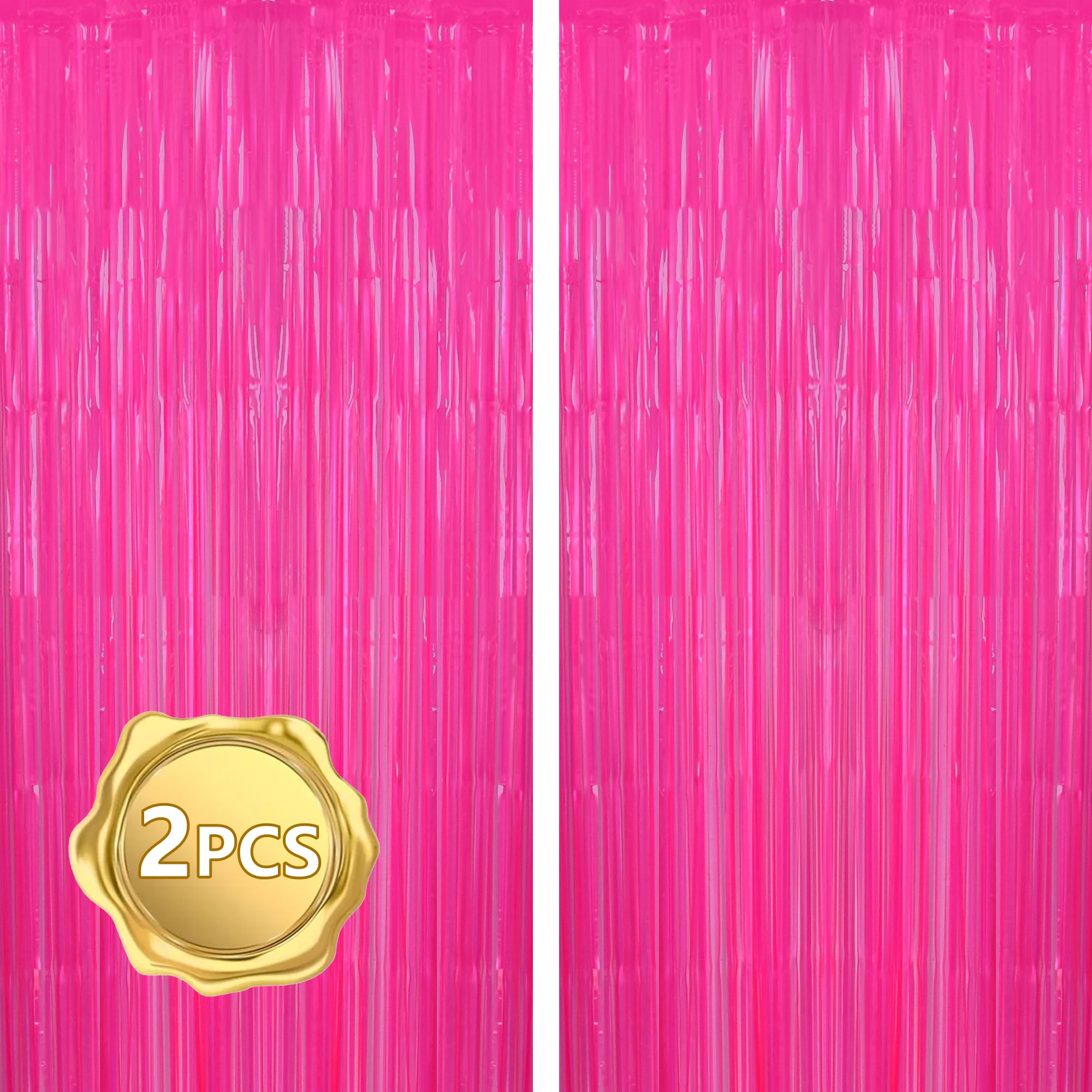 Beishida 2Pcs Hot Pink Door Streamer Fluorescent Hot Pink Backdrop Blue Foil Fringe Curtains Tinsel For Birthday Baby Shower Bac