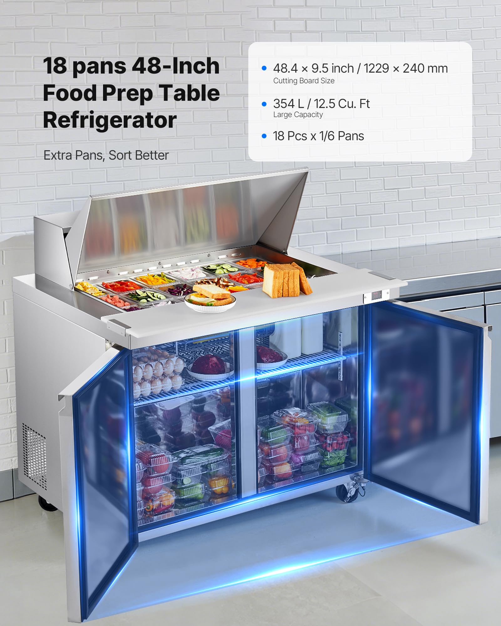 Vevor 48W Commercial Refrigerator, 12.5 Cu. Ft Sandwich Prep Refrigerated Table, Mega Top Food Prep Fridge With 18 Pans And Cutt