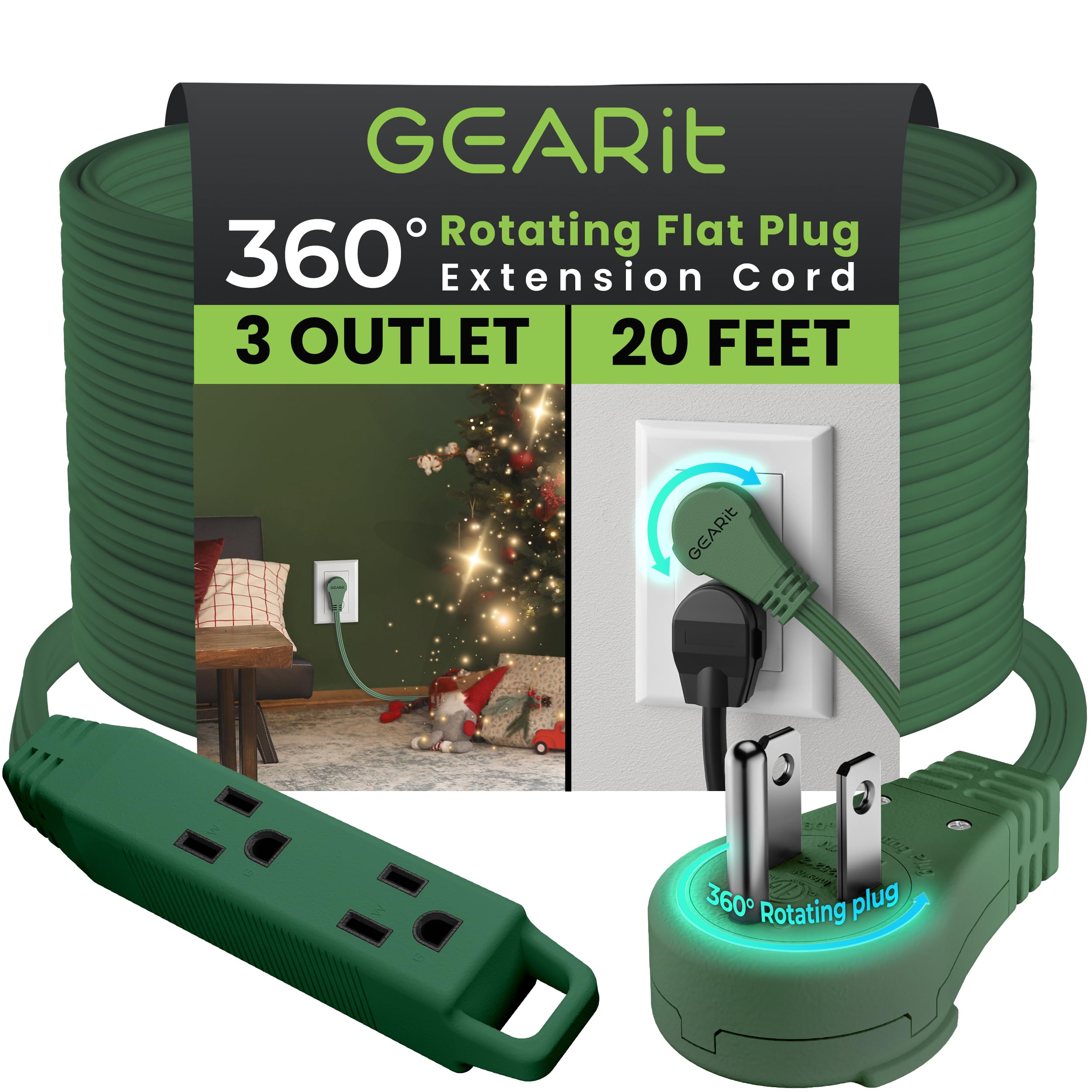 Gearit 360 Rotating Flat Plug Extension Cord With 3 Outlets (20Ft, Green) 16Awg/13A 3 Prong Wire, Outlet Saver For Home Office D