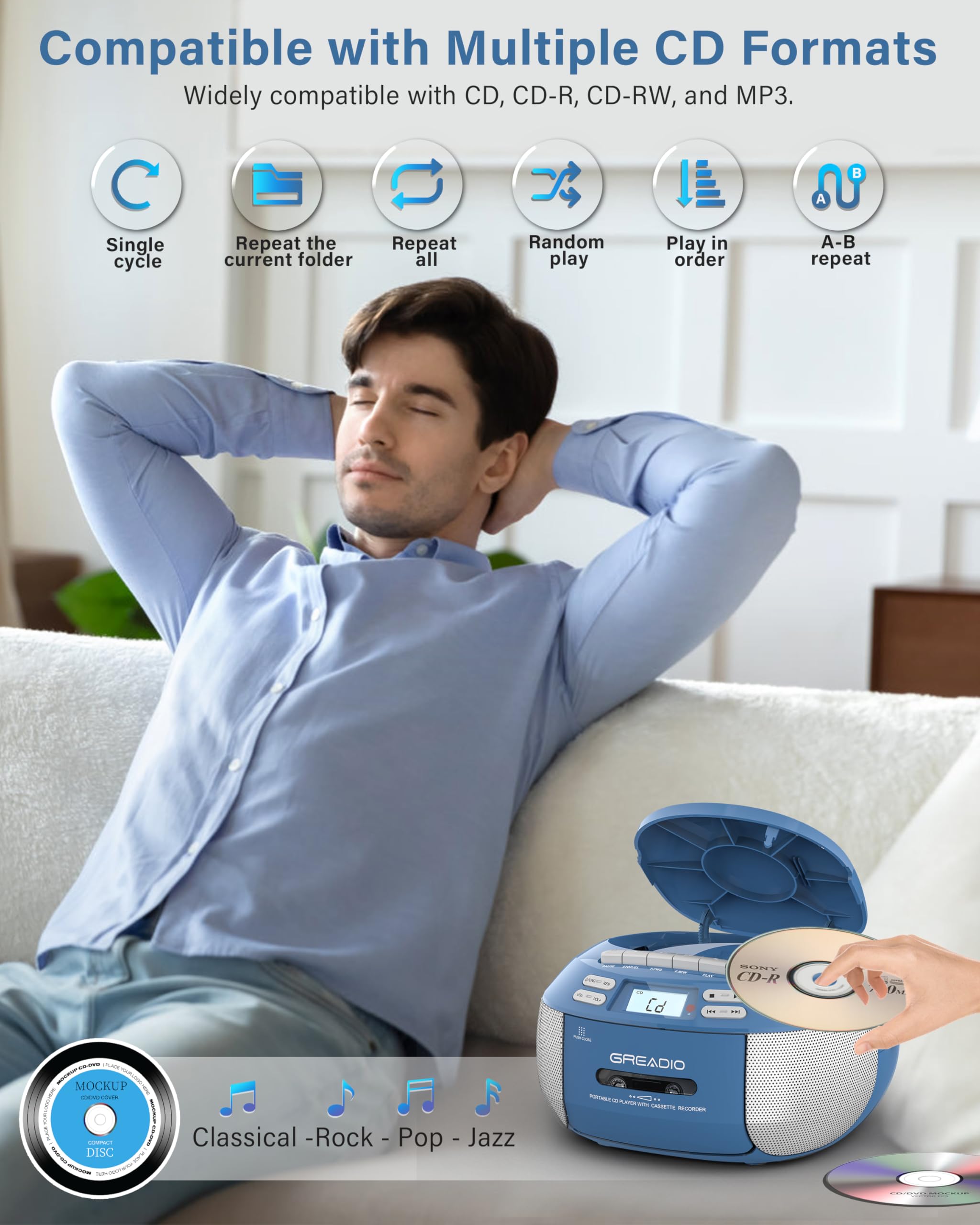 Greadio Boombox Cd Player Cassette Player Combo, Boom Box Portable Cd Players For Home With Bluetooth, Support Am Fm Radio/Remot