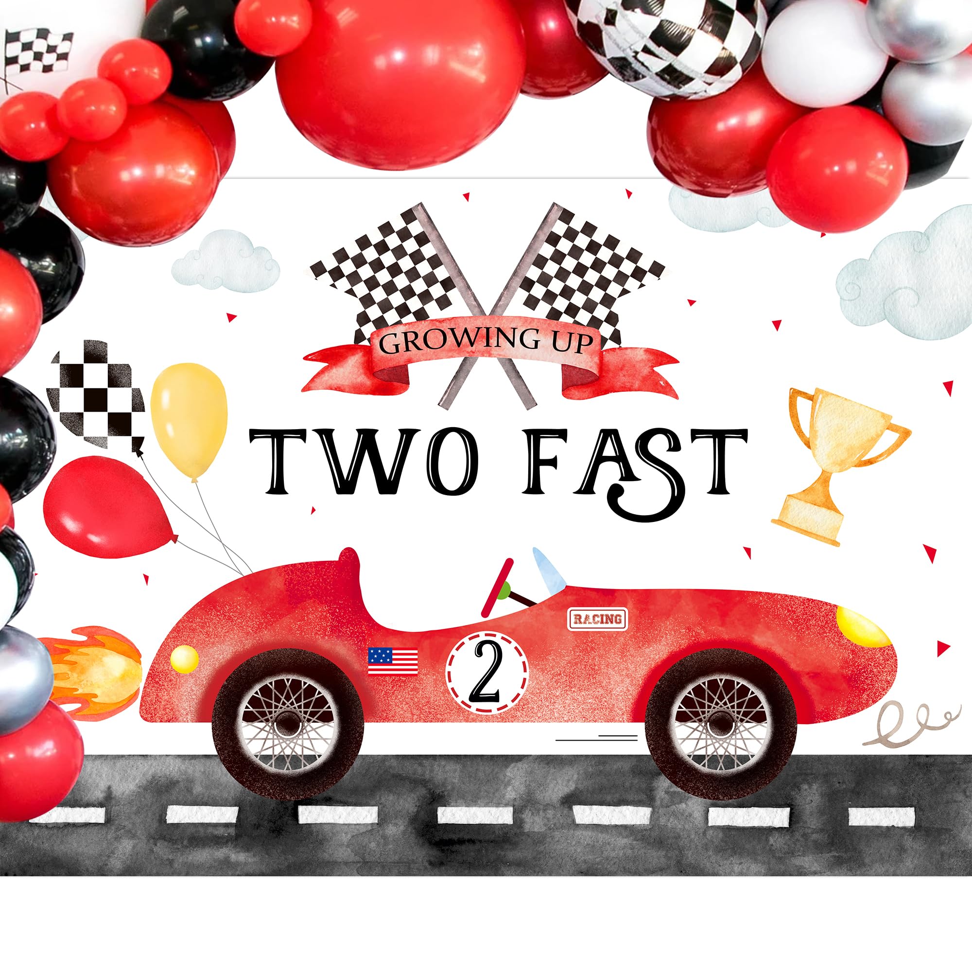 Glawry Two Fast 2Nd Birthday Backdrop For Photography 7Wx5H Feet Boho Watercolor Red Race Car Balloons Cup Cool Cartoon Clouds F