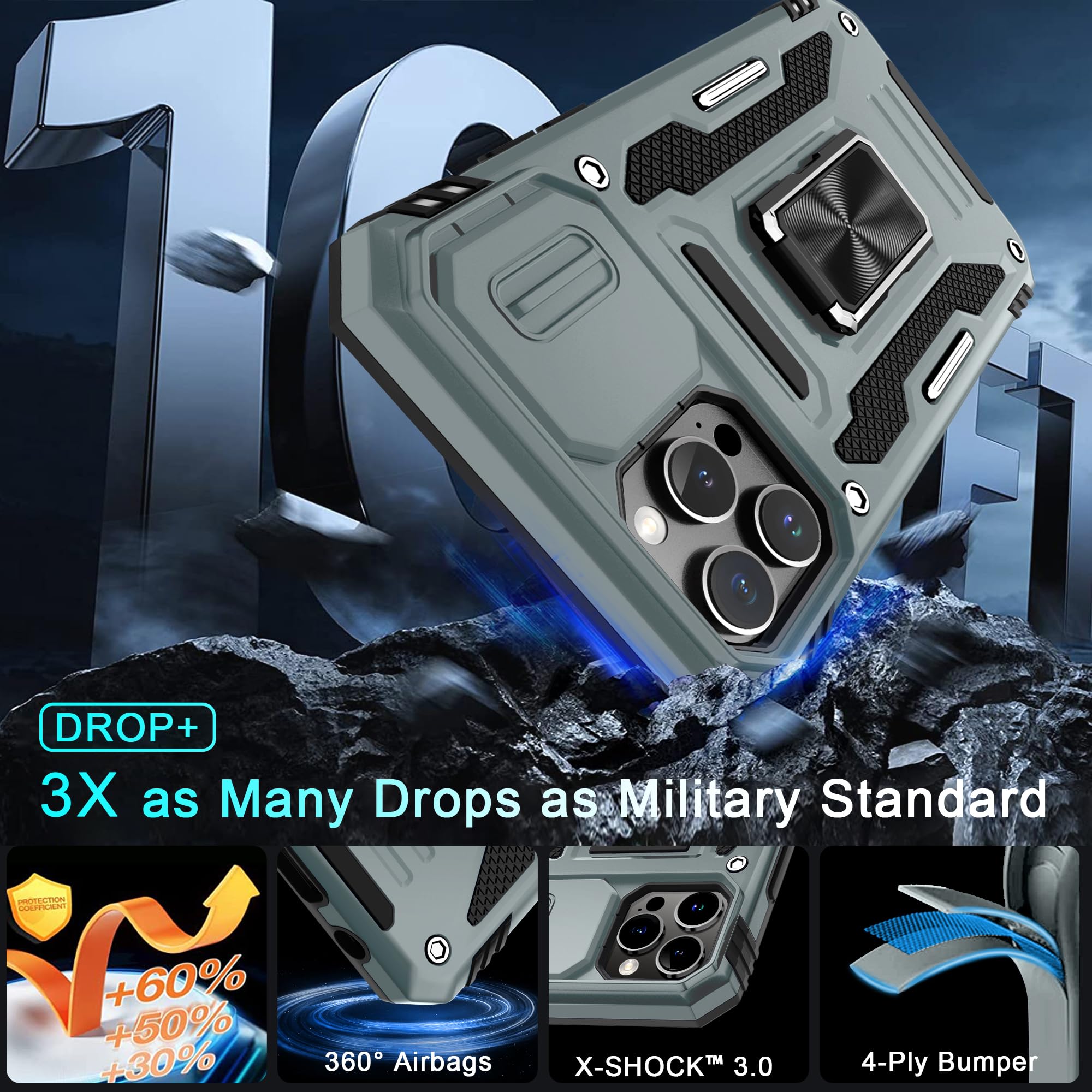 Deerlamn Case For Iphone 13 Pro Max With Slide Camera Cover+Screen Protector(1 Pack),Rotated Ring Kickstand Military Grade Shock