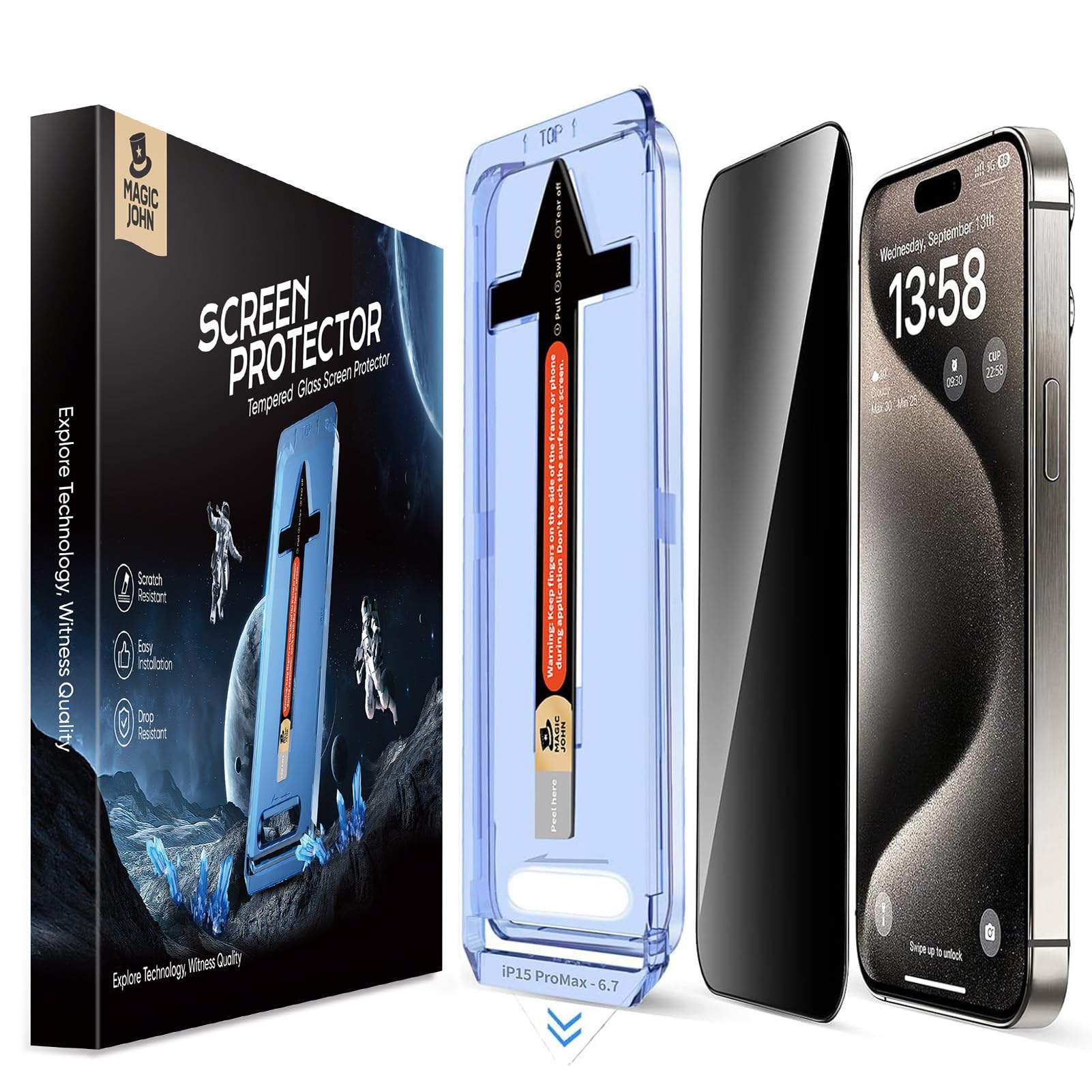 Magic John 2 Pack For Iphone 15 Pro Max 6.7 Inch Privacy Glass Screen Protector, Auto Dust Elimination Installation, Bubble Free