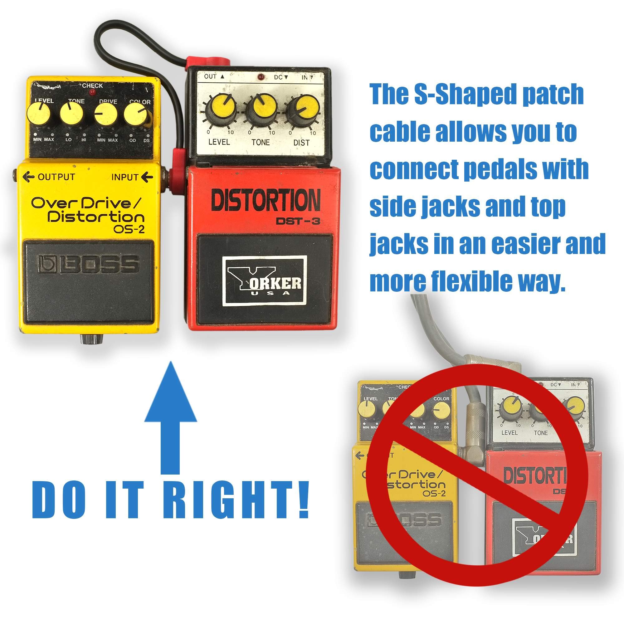 M Maka Flat Low Profile Guitar Patch Cable 8 Inch For Effects Pedals, S Shape, 1/4 Inch Right Angle, White, 3 Pack