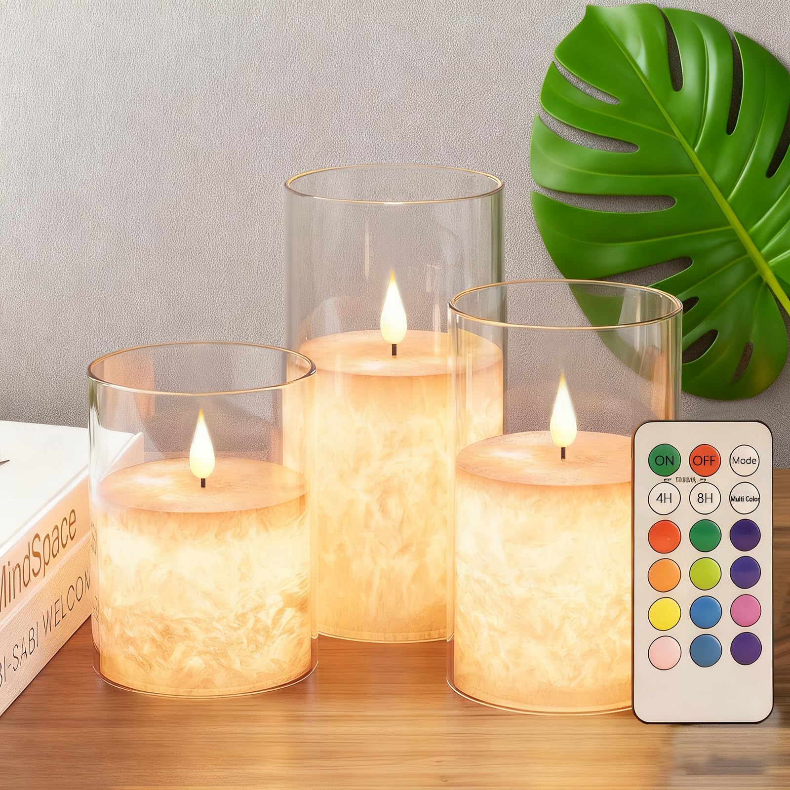 Eynshoo Ice Crystal Real Wax 12-Color Flameless Candles 3-Pack with Remote Timer, Battery Operated Multicolor LED Candles with W