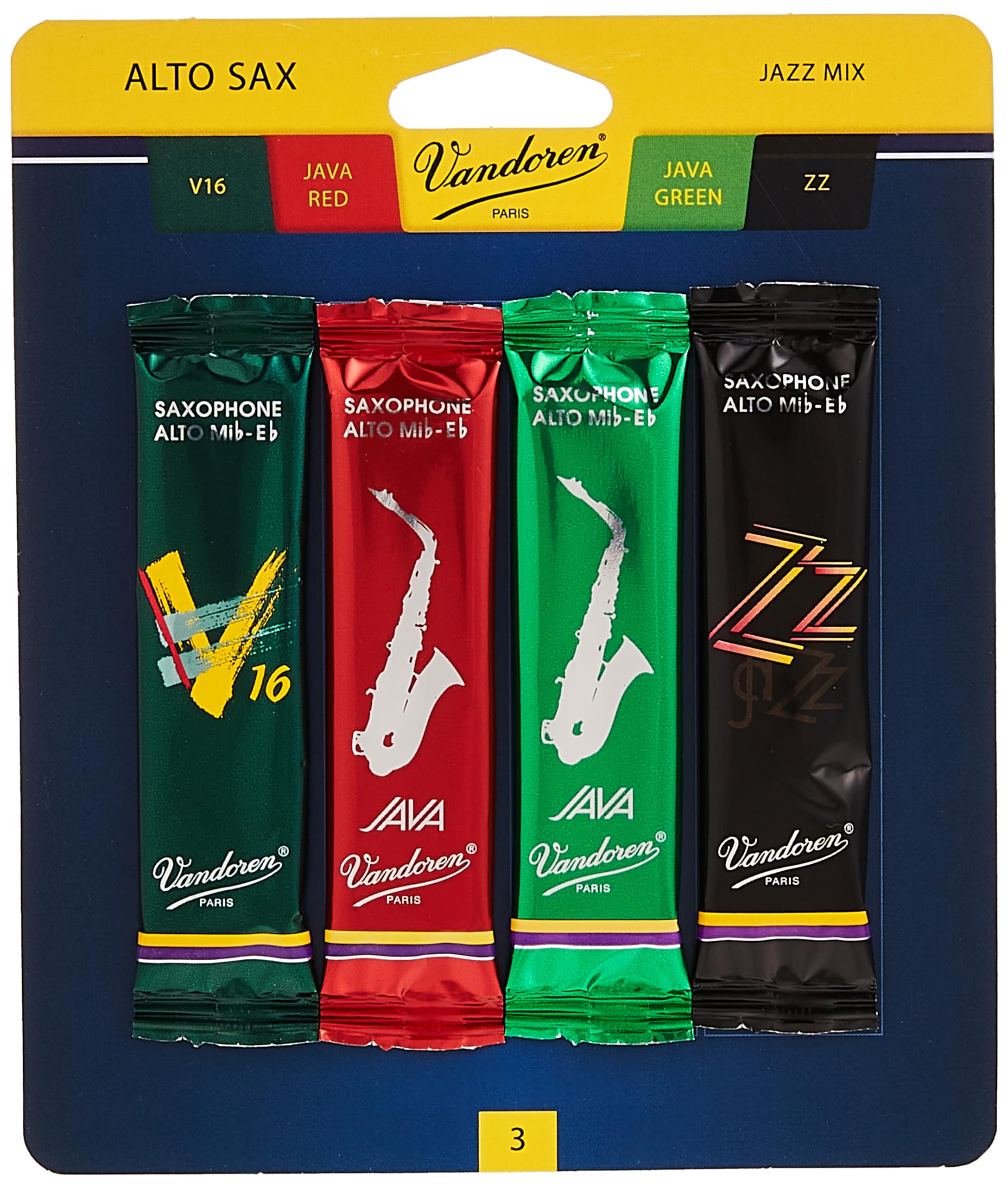Vandoren Srmixa3 Alto Sax Jazz Reed Mix Card Includes 1 Each Zz, V16, Java And Java Red Strength 3
