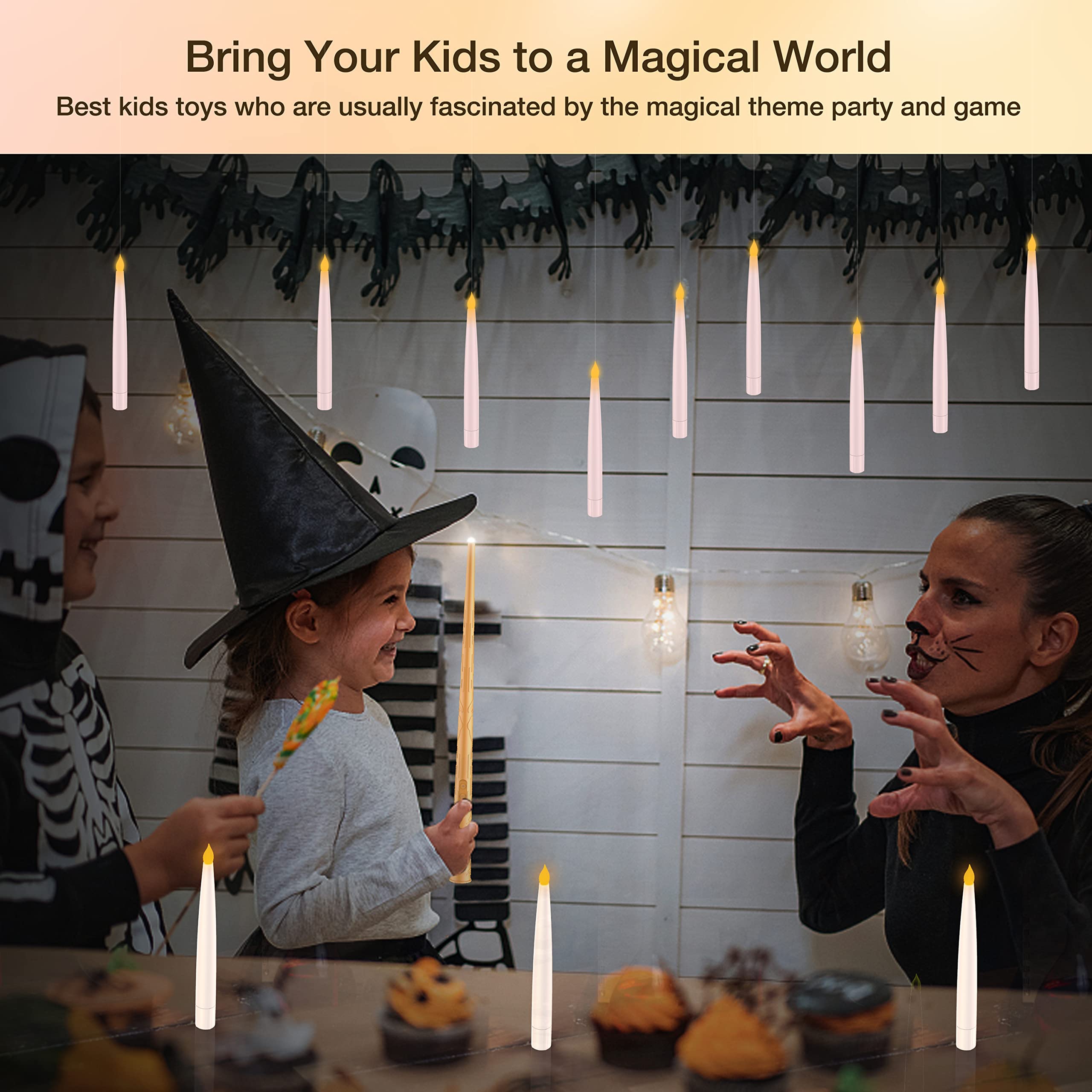 Halloween Decorations, Floating Candles With Wand, Magic Hanging Candles Flickering Warm Light Flameless Led Taper Candle, Batte