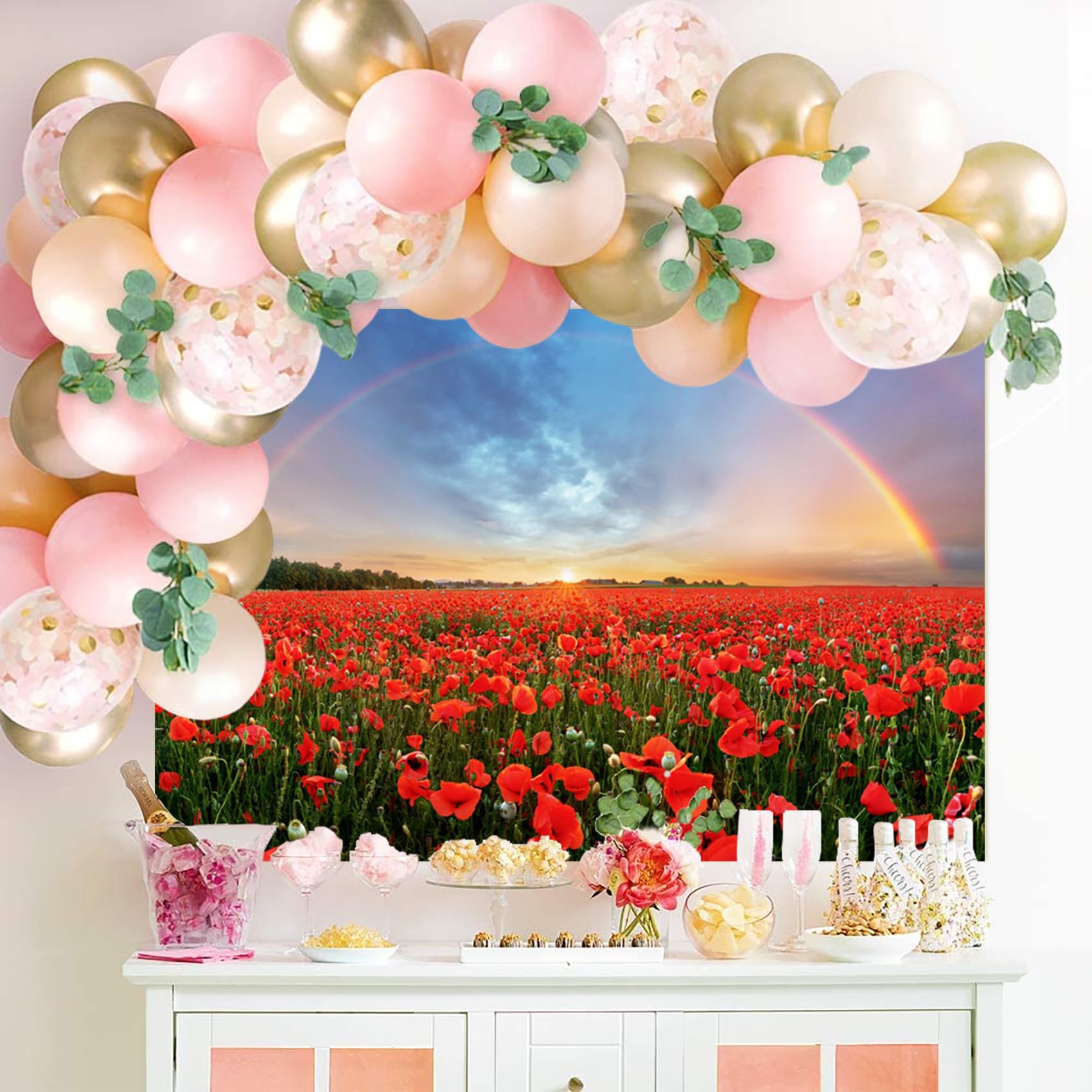 Baocicco 7X5Ft Background For Sunset Rainbow Sky Red Poppy Field Photography Backdrop Outdoor Wedding Backdrop Spring Natural Sc