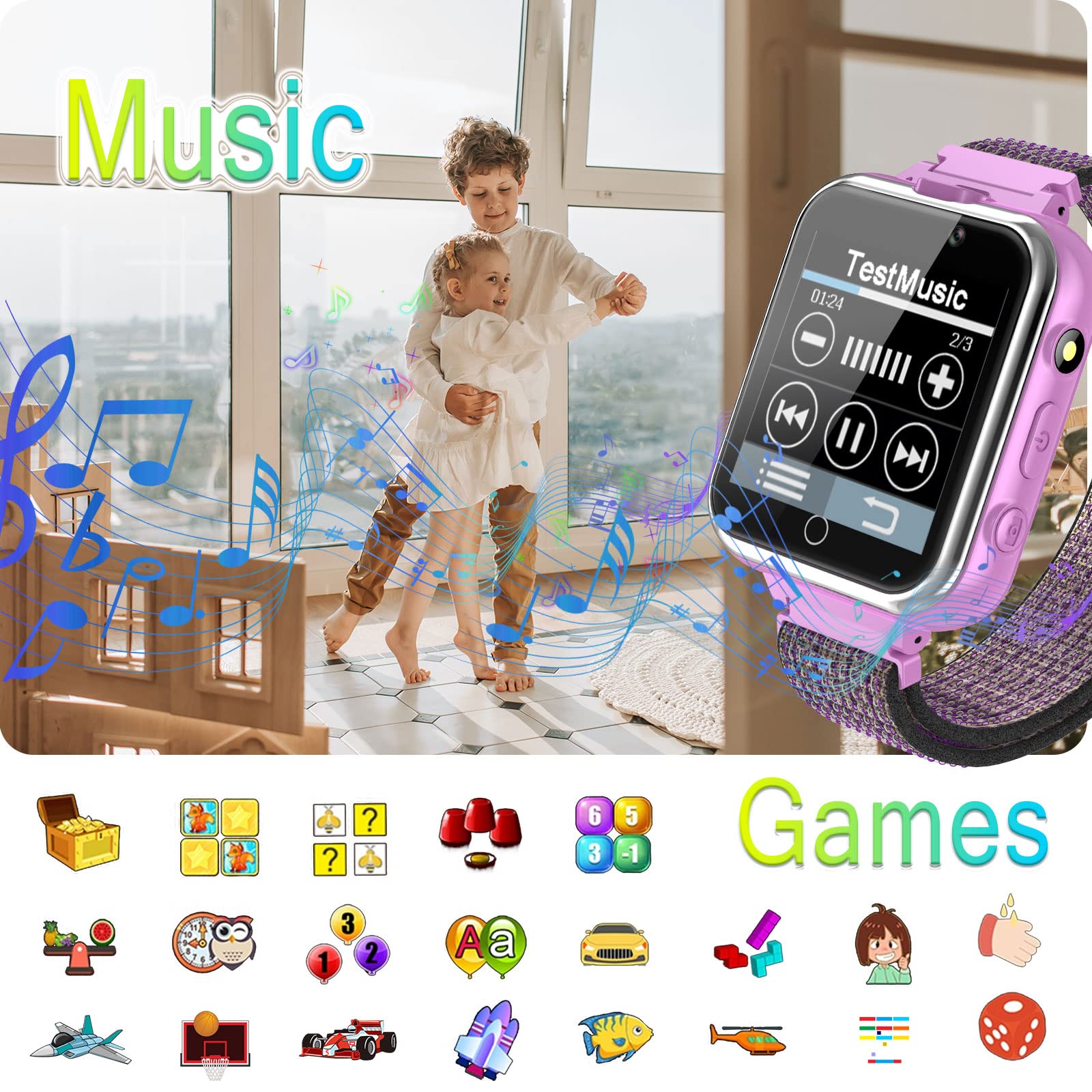 Pthtechus Kids Smart Watch, Smartwatch For Boys Girls Age 4 12 With 24 Puzzle Games 2 Hd Cameras Hd Touchscreen Mp3 Music Player