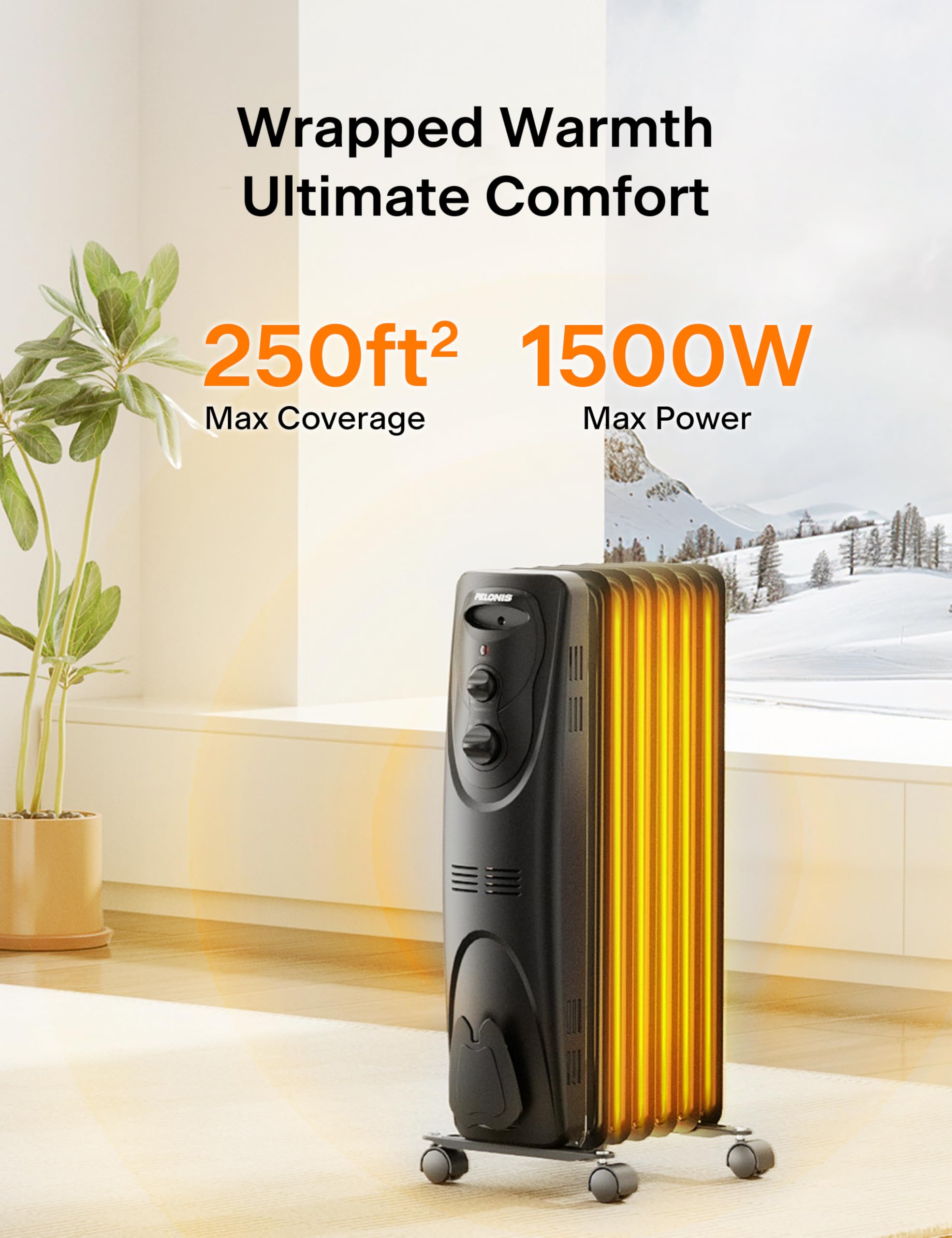 Pelonis Oil Filled Radiator Heater For Indoor Use Large Room Safe With Thermostat, 1500W Energy Efficient Quiet Space Heater, 3
