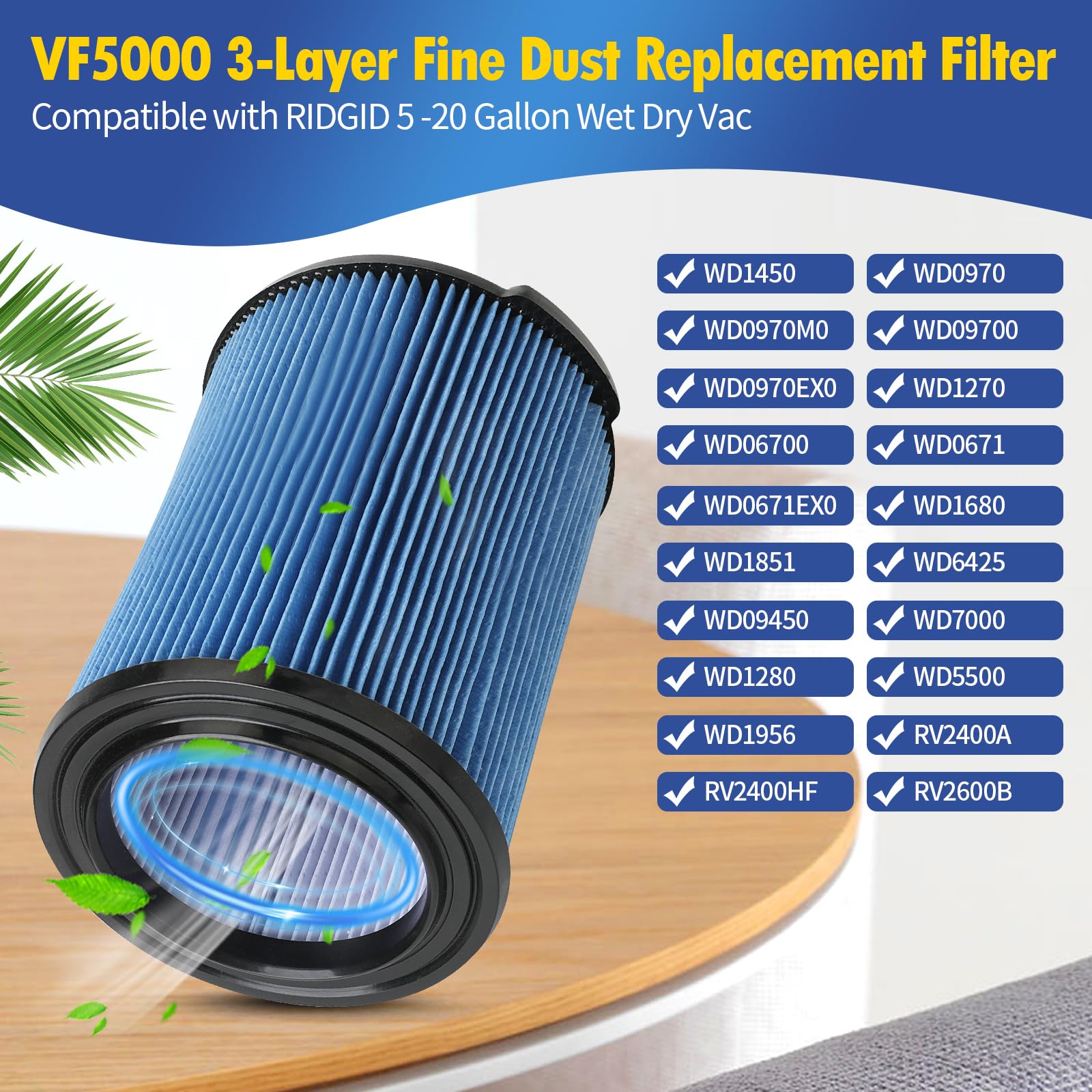 Gazeer 2 Pack Vf5000 Replacement Filter Compatible With Ridgid 5 20 Gallon Wet/Dry Vacuums,3 Layer Pleated Vacuum Filter Compati