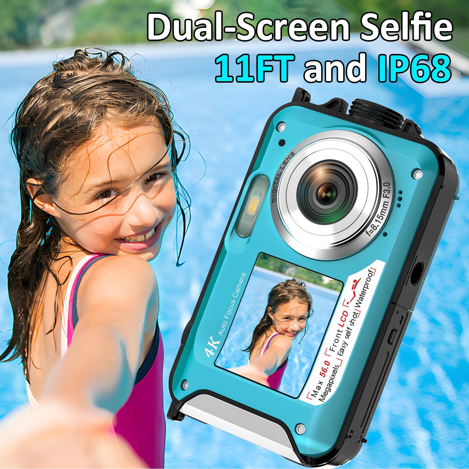 4K Underwater Camera 11Ft Waterproof Camera With 32Gb Card 56Mp Autofocus Dual Screen Selfie Underwater Camera For Snorkeling Wa