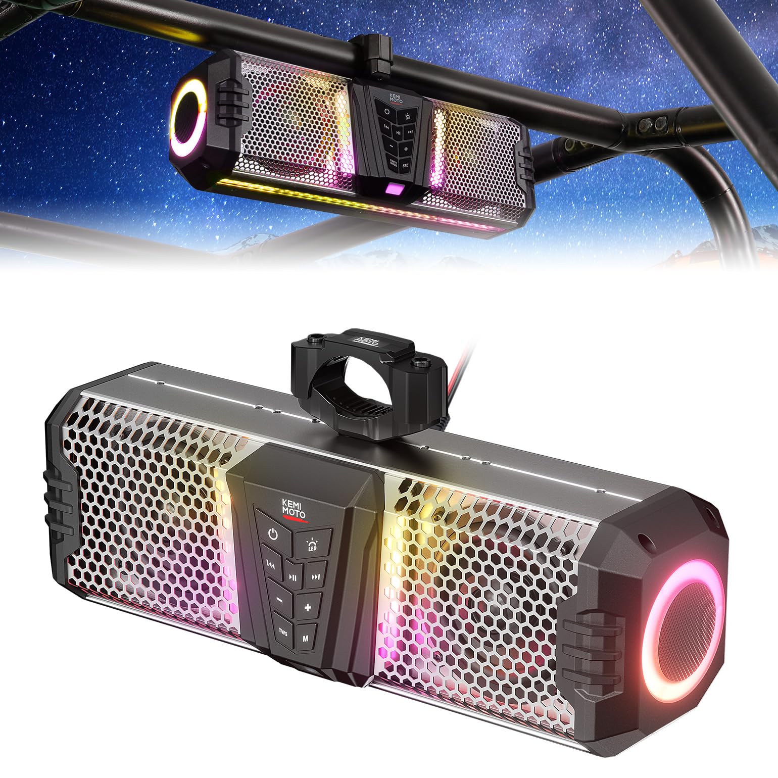 Kemimoto Midnight S40 16-Inch Metal Utv Sound Bar Waterproof Ip66 Waterproof Music Sync Multicolor Light Wireless Soundbar For U