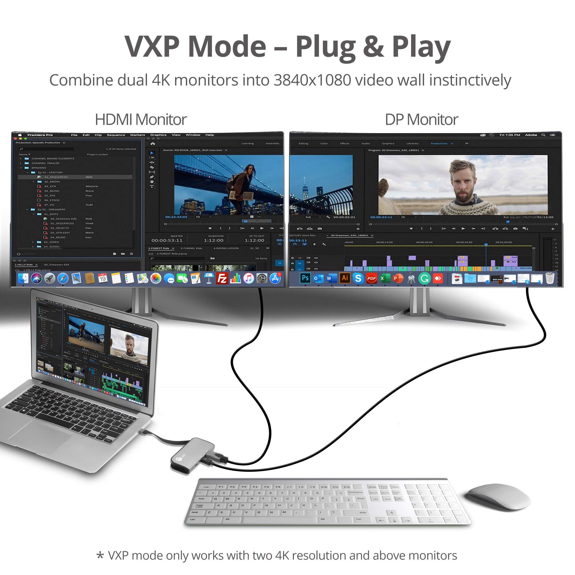 Siig Usb-C To Mini Displayport & Hdmi Vxp Adapter With Pd 3.0, 100W Pd, Combine Two Monitor To One 3840X1080 Video Wall, Compati