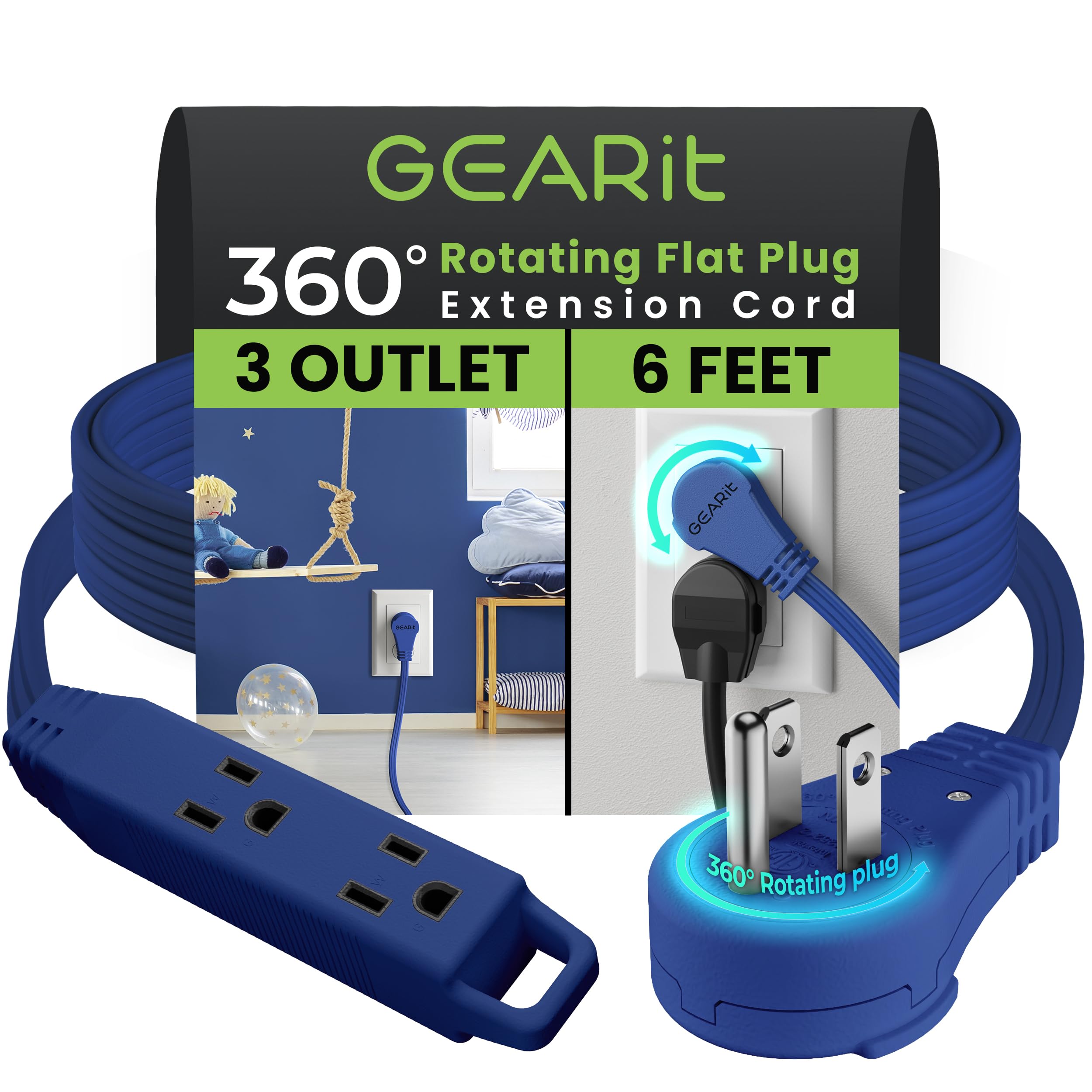 Gearit 360 Rotating Flat Plug Short Extension Cord With 3 Outlets (6Ft, Navy) 16Awg/13A 3 Prong Wire, Outlet Saver For Home Offi