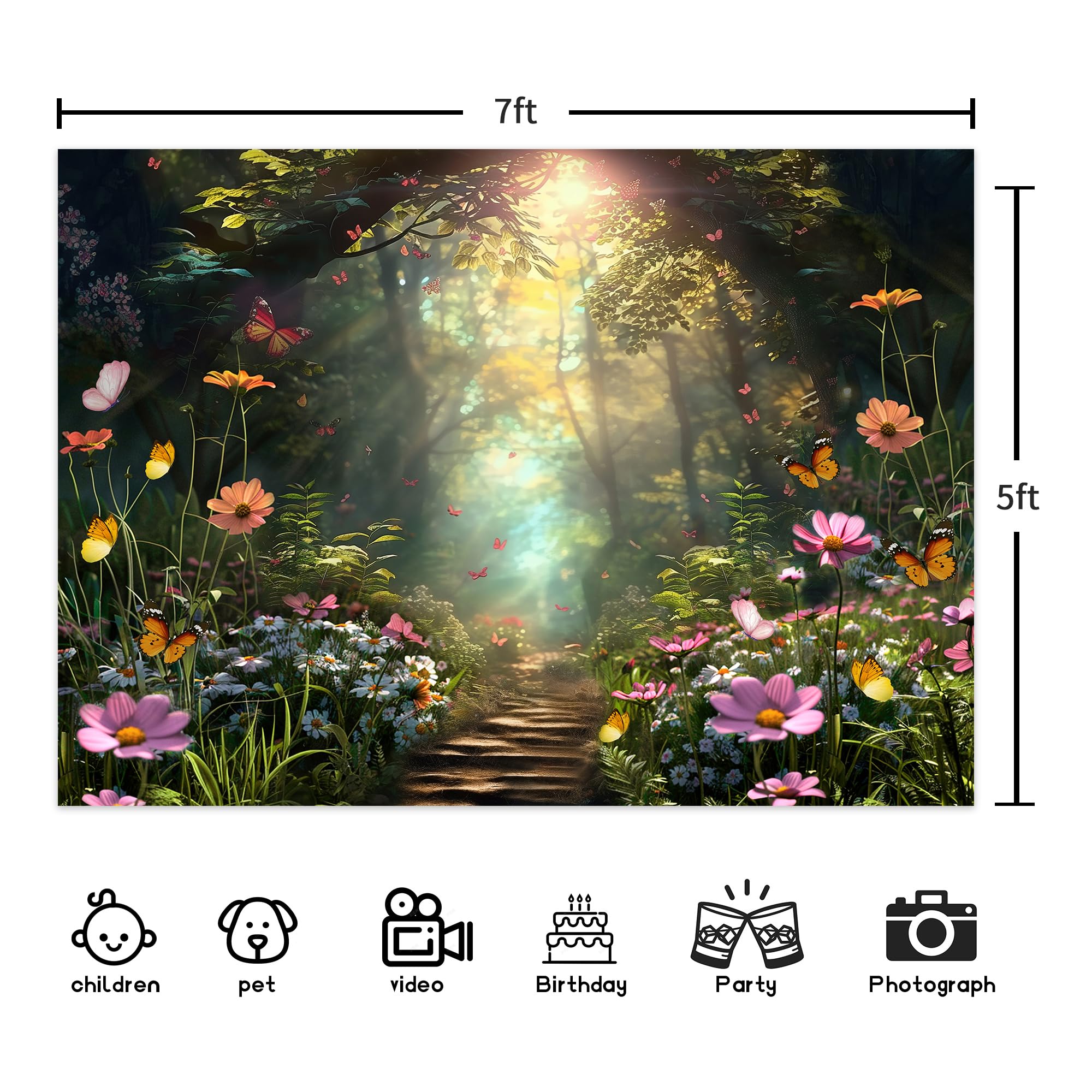 Ufeela Enchanted Fairy Garden Backdrop Woodland Wonderland Spring Daisy Flower Green Butterfly 7Wx5H Feet Fabric Polyester Birth