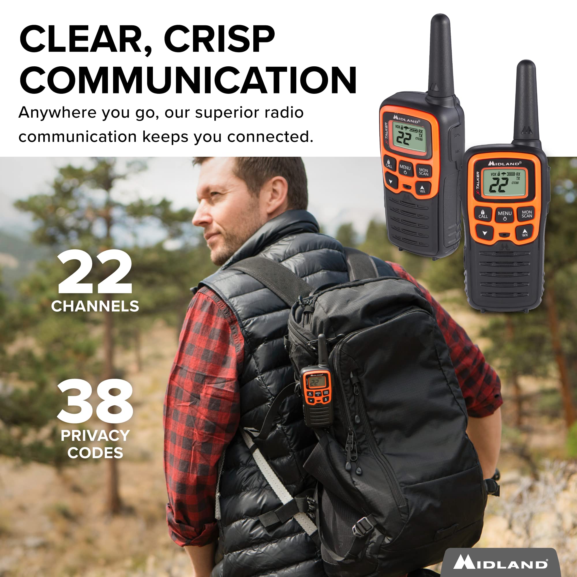 Midland  T51Vp3 X Talker Spotting And Recovery Walkie Talkie Long Range   Frs Two Way Radio For Kids Caravanning With Noaa Weather Scan + Alert, 38 Privacy Codes   Black/Orange   2 Pack