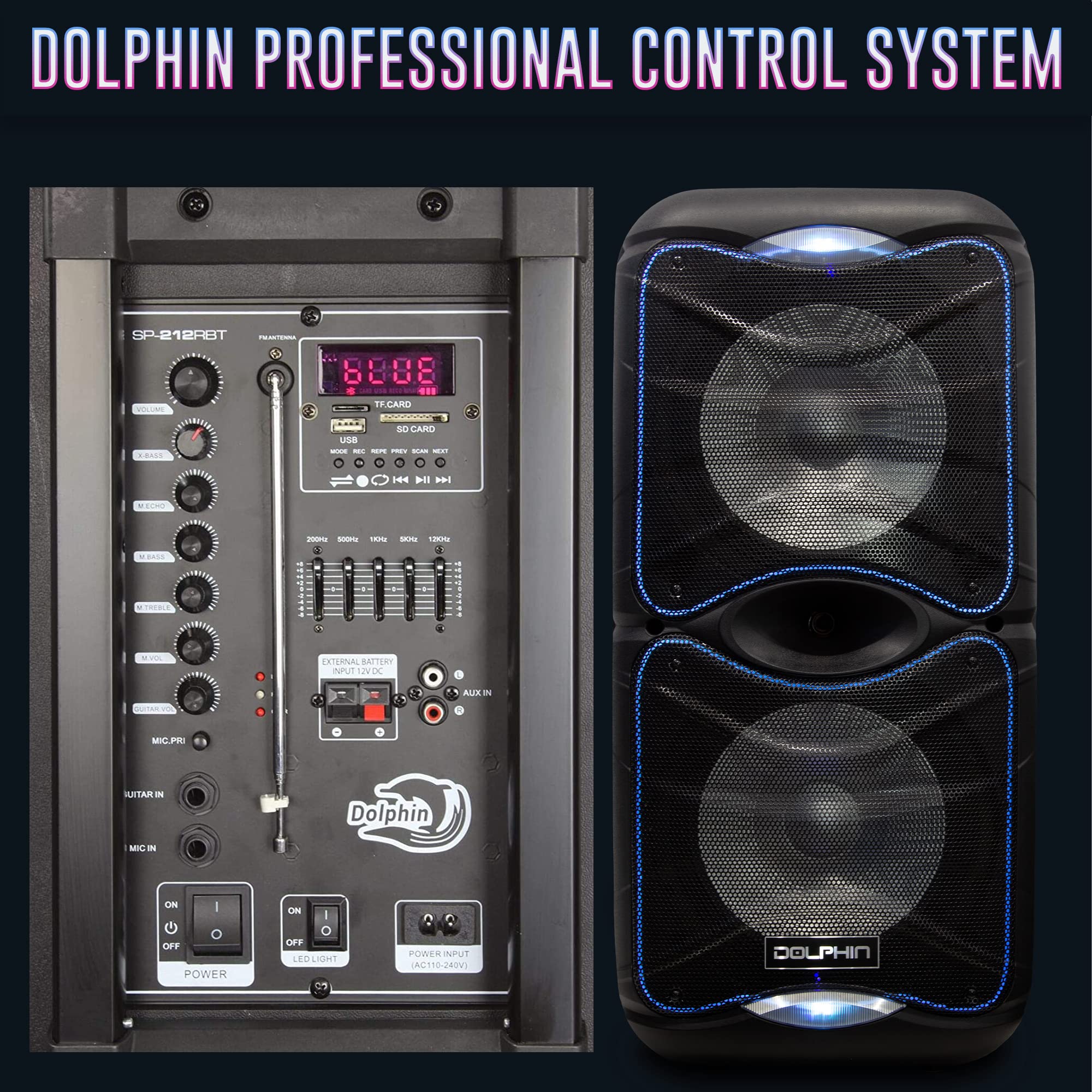 Dolphin Sp 212Rbt Portable Bluetooth Party Speaker With Lights And Pa System With Expandable Battery