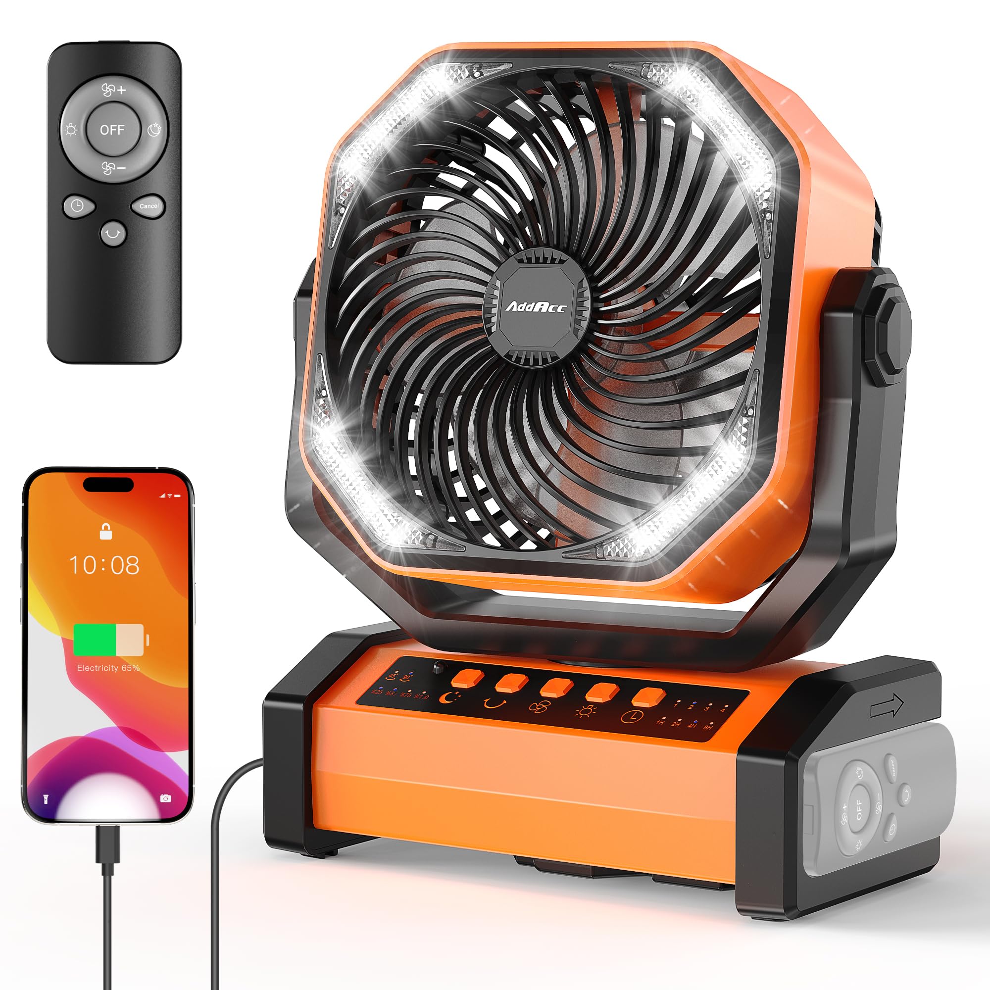 Addacc 20000Mah Rechargeable Camping Fan   Battery Operated Fan With Light & Remote, Auto Oscillating, 4 Timer, 60 Hrs Work Cord