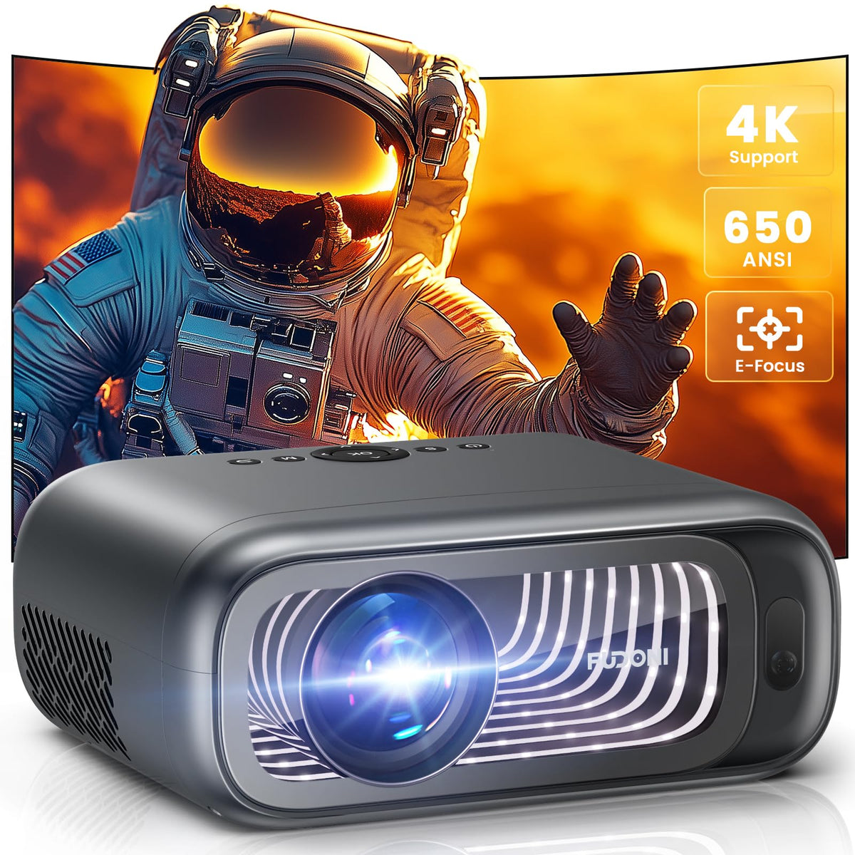 [Electric Focus/Auto Keystone] Fudoni Projector With Wifi 6 And Bluetooth Dual Way, 650Ansi Native 1080P 4K Support Outdoor Movi