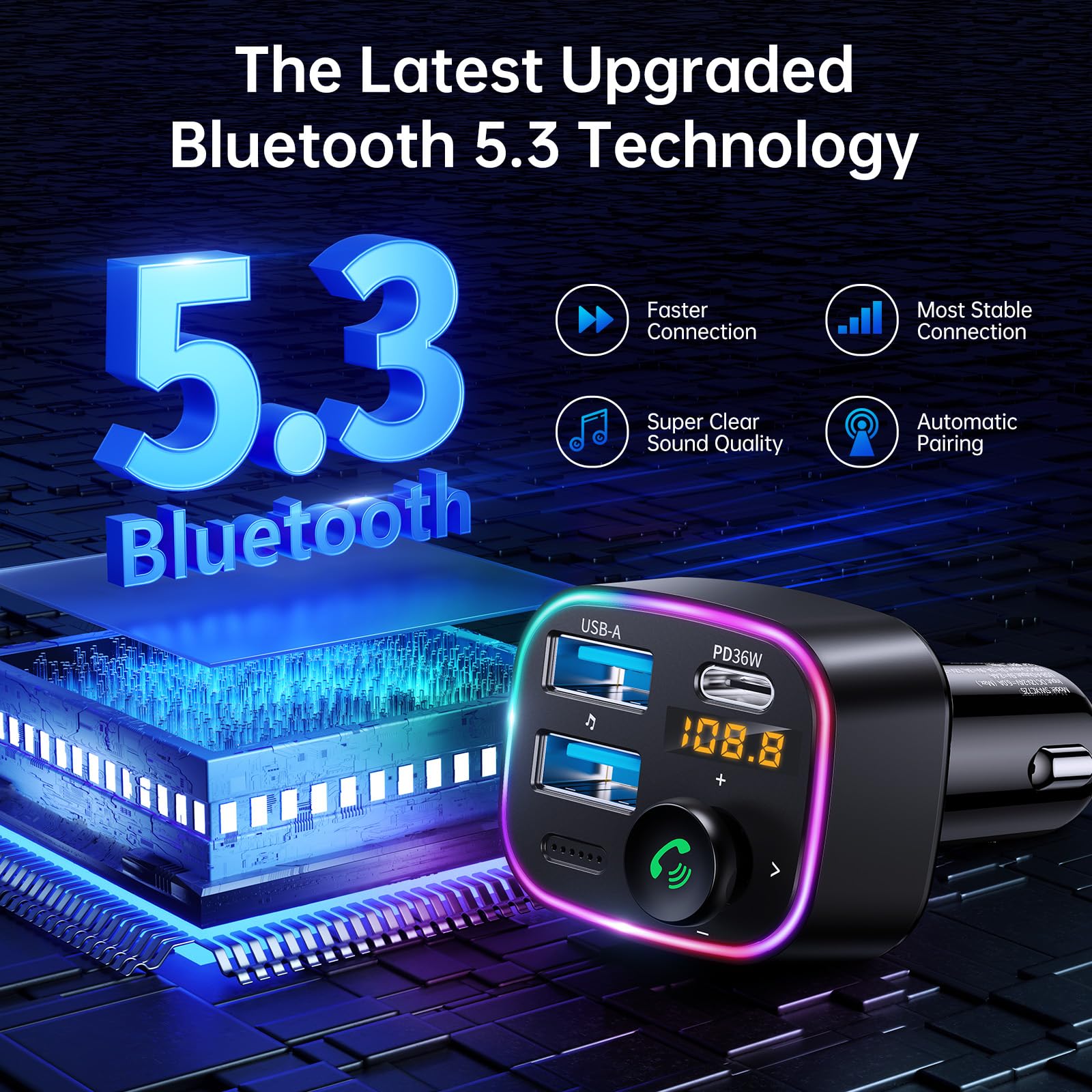 Syncwire Bluetooth 5.3 Fm Transmitter Car Adapter 48W (Pd 36W & 12W) [Light Switch] [Hifi Bass Sound] [Fast Charging] Wireless R