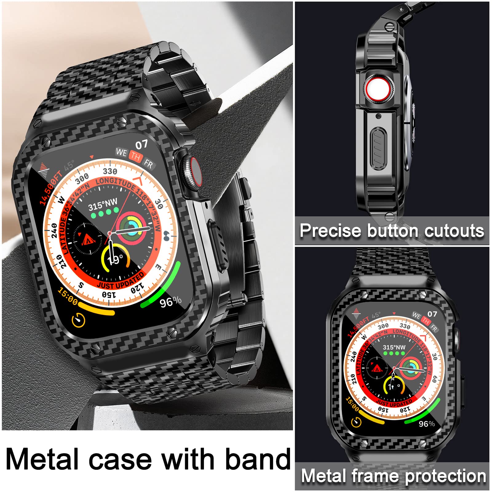 Miohhr Stainless Steel Band And Case Compatible With Apple Watch Band 45Mm, Men Metal Protective Bumper Cover For Iwatch Series