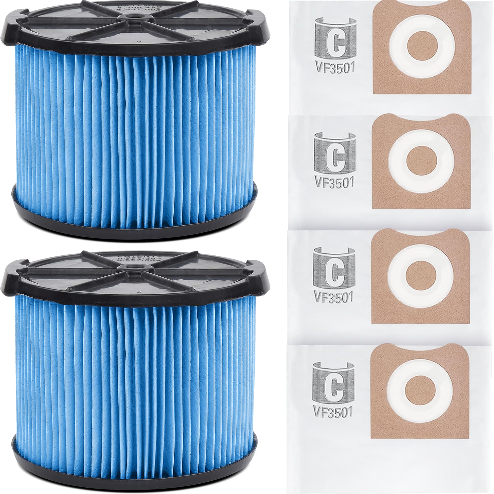 2 Pack Vf3500 Filter Replacement For Ridgid Portable Vac 3 4.5 Gallon Wet Dry Vacuums + 4 Pack Vf3501 Filter Bags (Total 6 Pack)