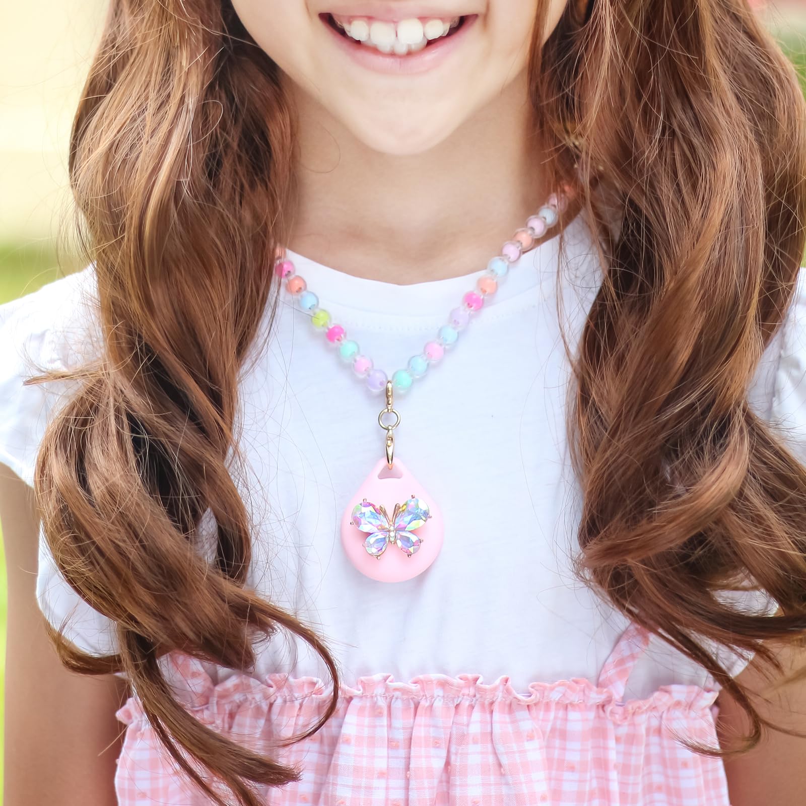 Xeewen 2 Pack Kids Necklace Holder For Airtag - Cute Pink Purple Butterfly Beaded Necklace Case Cover For Girls