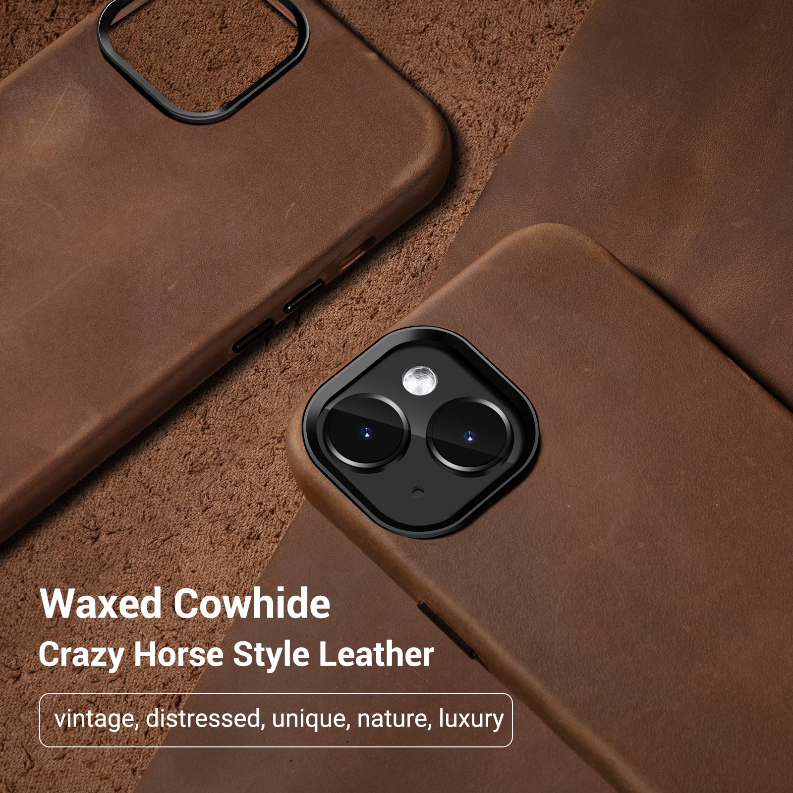 Belemay Compatible With Iphone 13 Leather Case Magsafe   Top Grain Vintage Crazy Horse Leather   Metal Buttons & Camera Bezel Bu