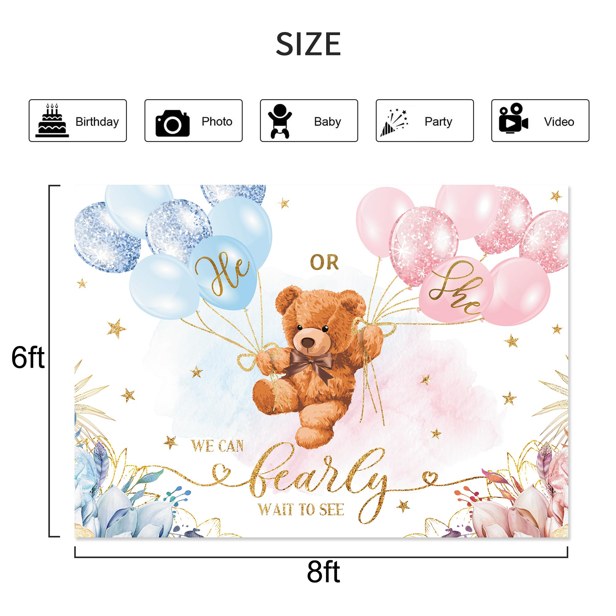 Lightinhome Bear Gender Reveal Backdrop 8Wx6H Feet He Or She Pink Or Blue Cute Floral Balloon Stars We Can Bearly Wait Baby Show