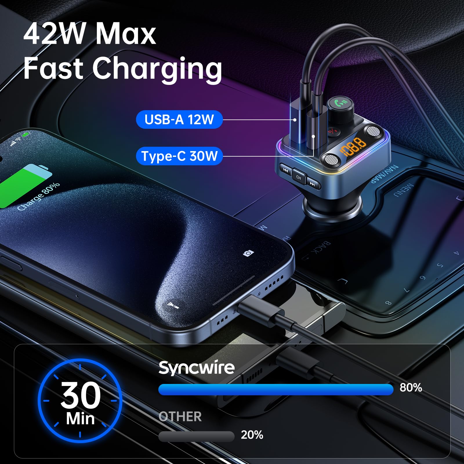 Syncwire Bluetooth 5.4 Fm Transmitter Car Adapter 42W [Light Switch] [Stronger Dual Mics] [Hifi Bass Sound] [Fast Charging] Wire