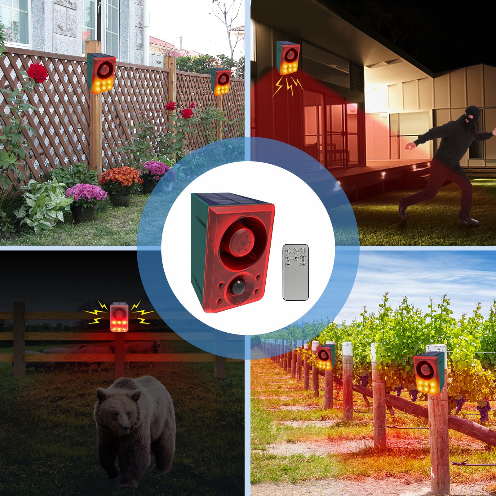 ChunHee Solar Outdoor Motion Sensor Alarm, 130dB, Dog Barking & Gunshot Sounds, 2 Pack