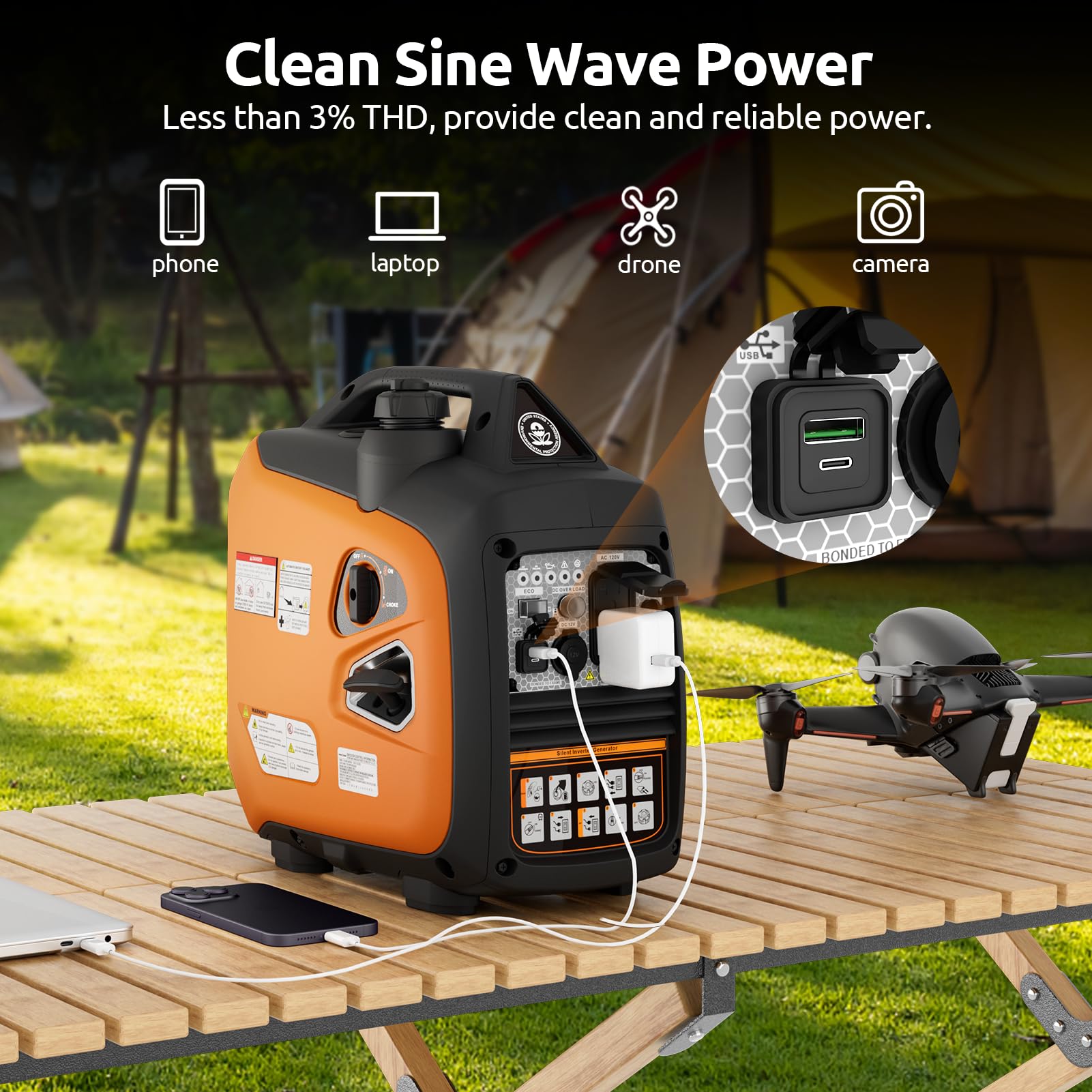 Portable Inverter Generator 2500W Gas Powered, Long Runtime Gas Generators For Home Use, Camping, Super Quiet Emergency Home Bac