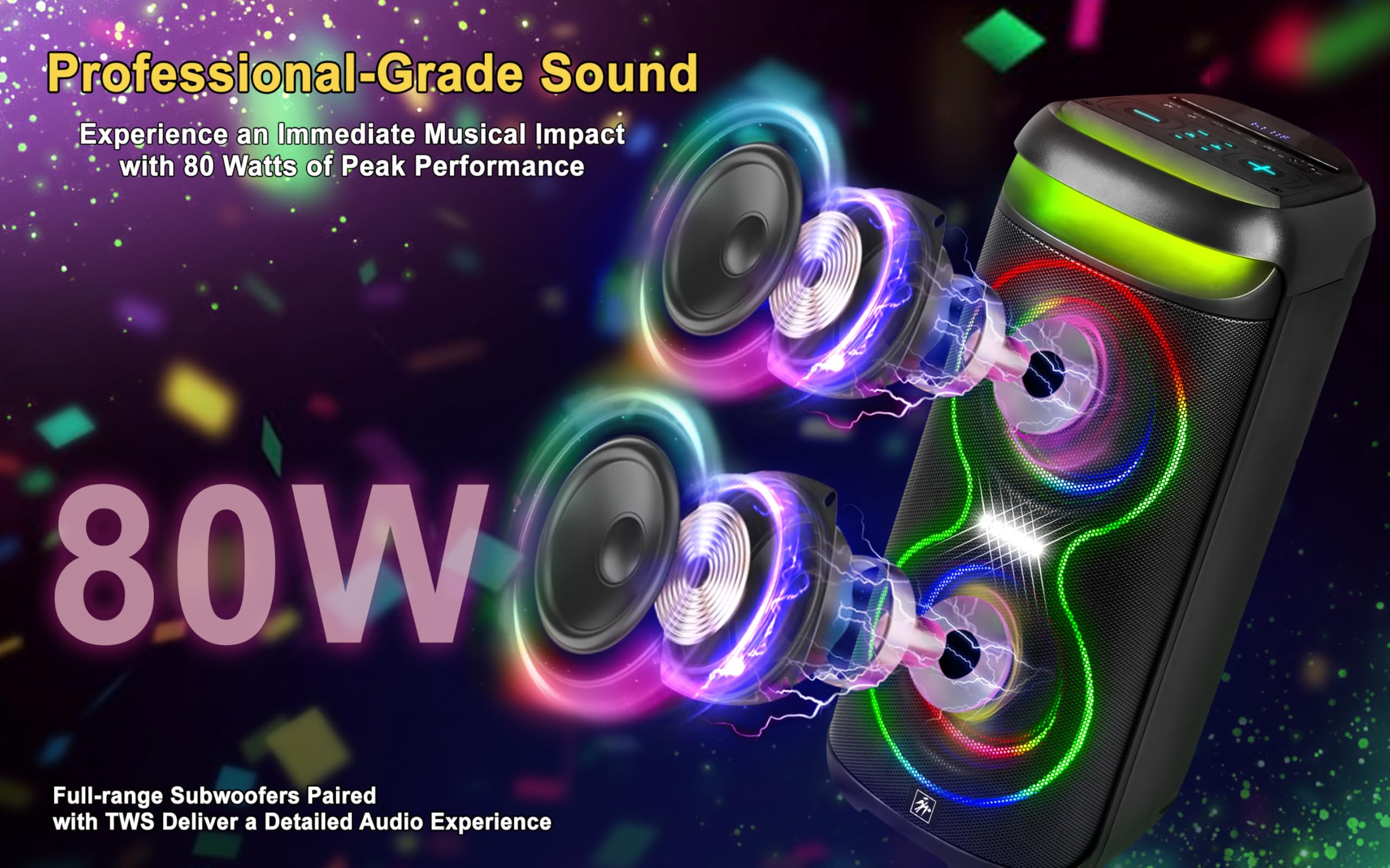 Fisher Bluetooth Pa Speaker Stereo System - Karaoke Portable Wireless Dj, Dual 6.5 80W Peak Power, Loud Hd Sound & Led Lights, R