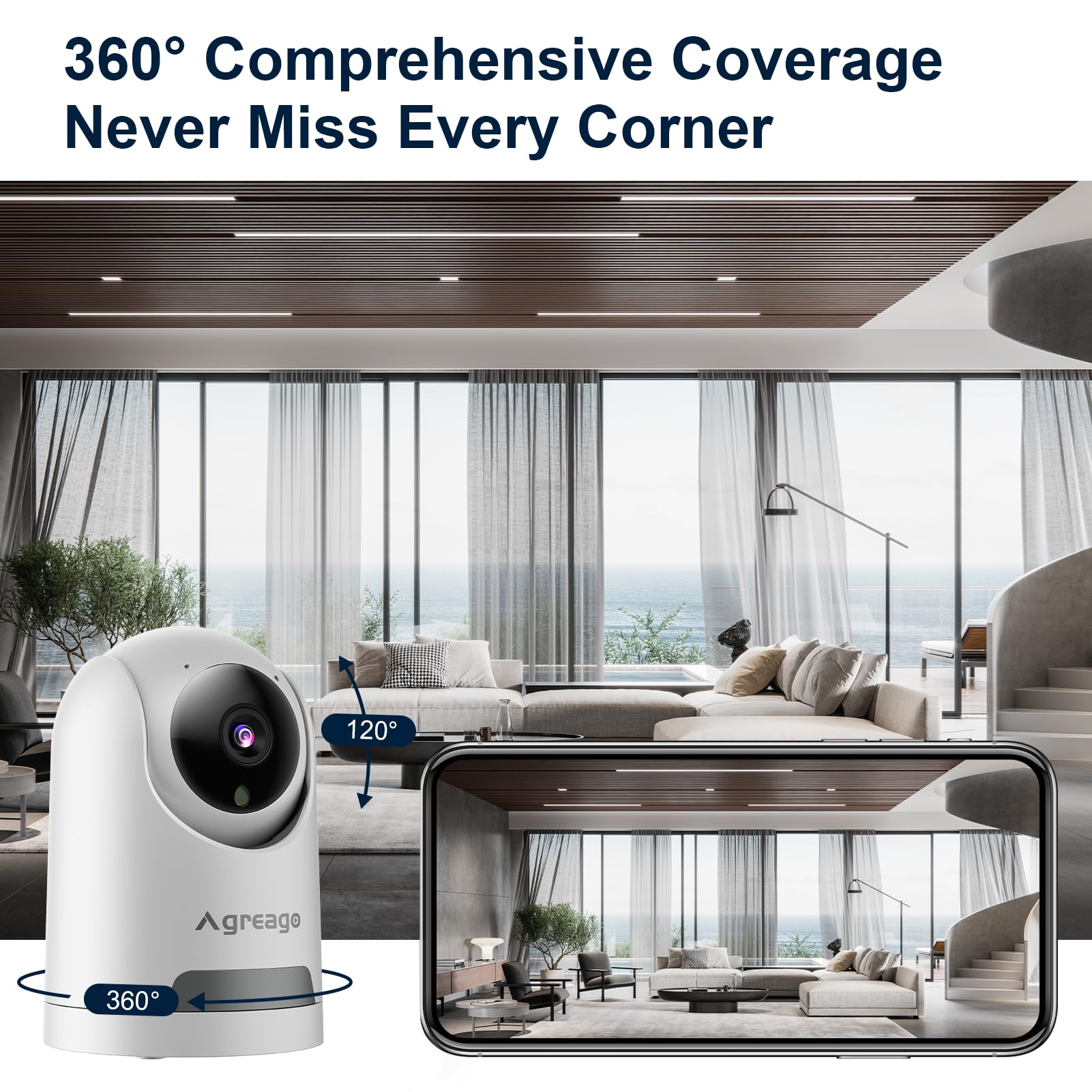 Agreago Indoor Security Camera,2.5K 4Mp Hd Pan/Tilt Dog Camera,2.5Ghz With Night Vision,Motion Detection For Baby And Pet Monito