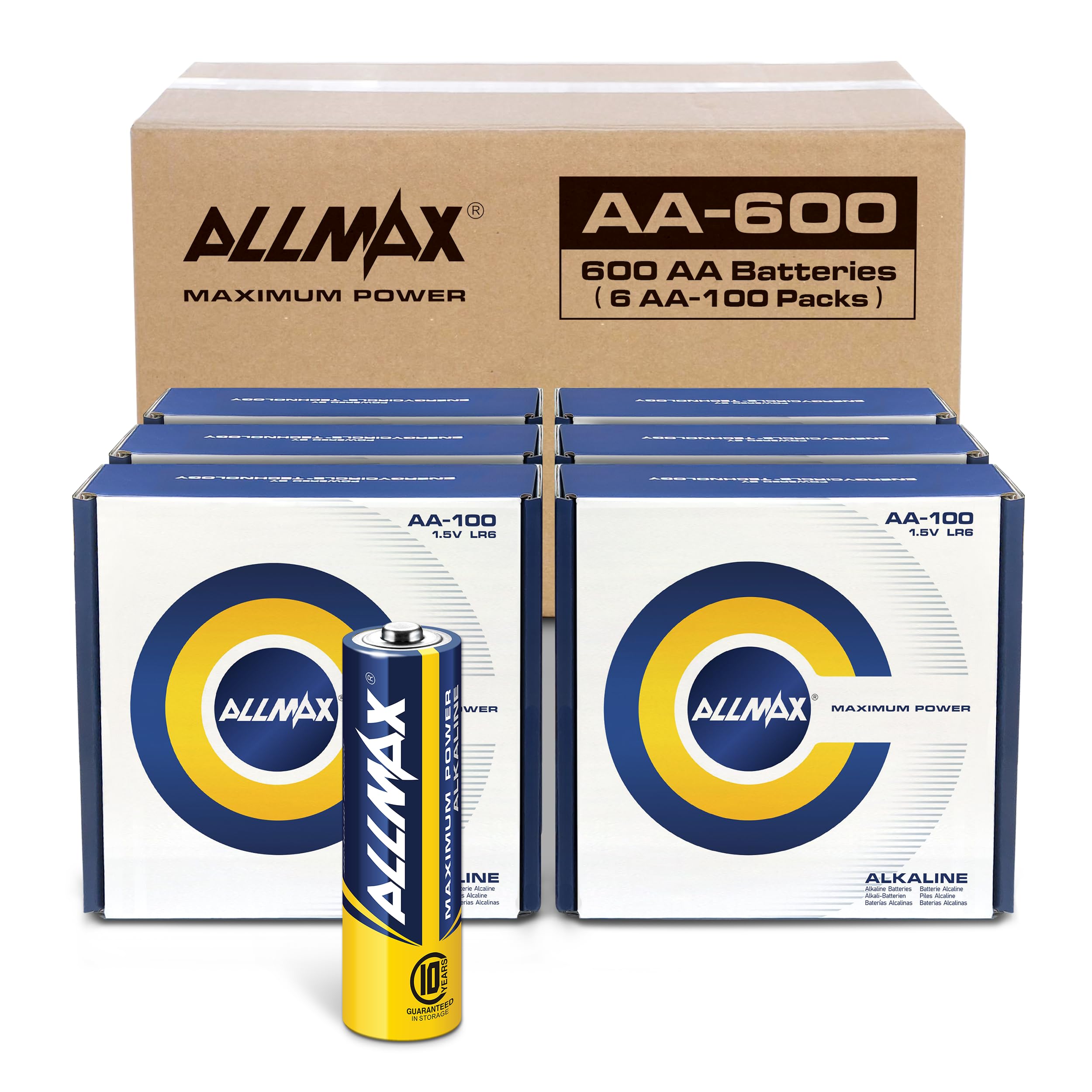 Allmax Aa Maximum Power Alkaline Double A Batteries (600 Count Wholesale Pack / 6 Boxes Of 100)   Ultra Long Lasting, 10 Year Sh