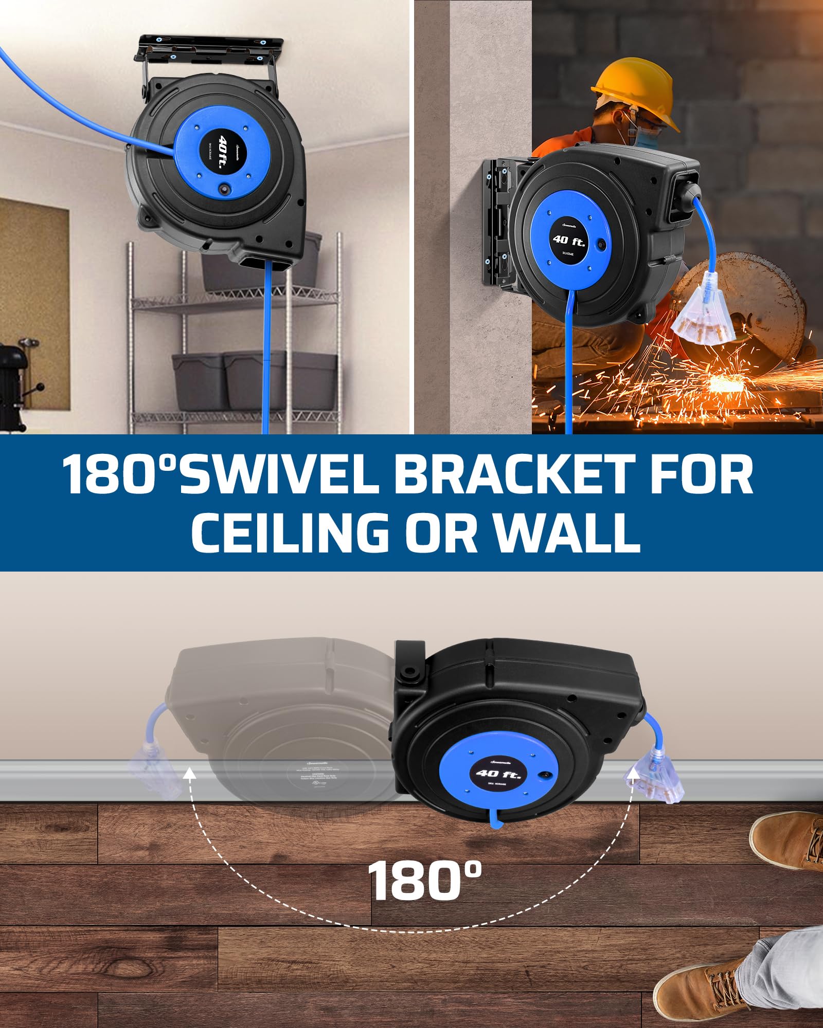 Dewenwils Heavy Duty Cord Reel, 40Ft Retractable Extension Power Cord, 12Awg/3C Sjtow, 3 Lighted Triple Outlets, 15A Circuit Bre