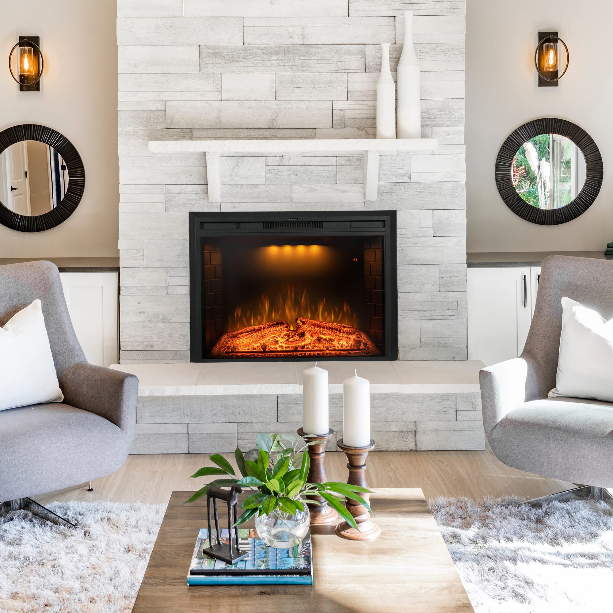Benrocks 33'' Electric Fireplace Inserts, Recessed & Built In Wall Electric Fireplace Heater With Fire Crackling Sound, Adjustab