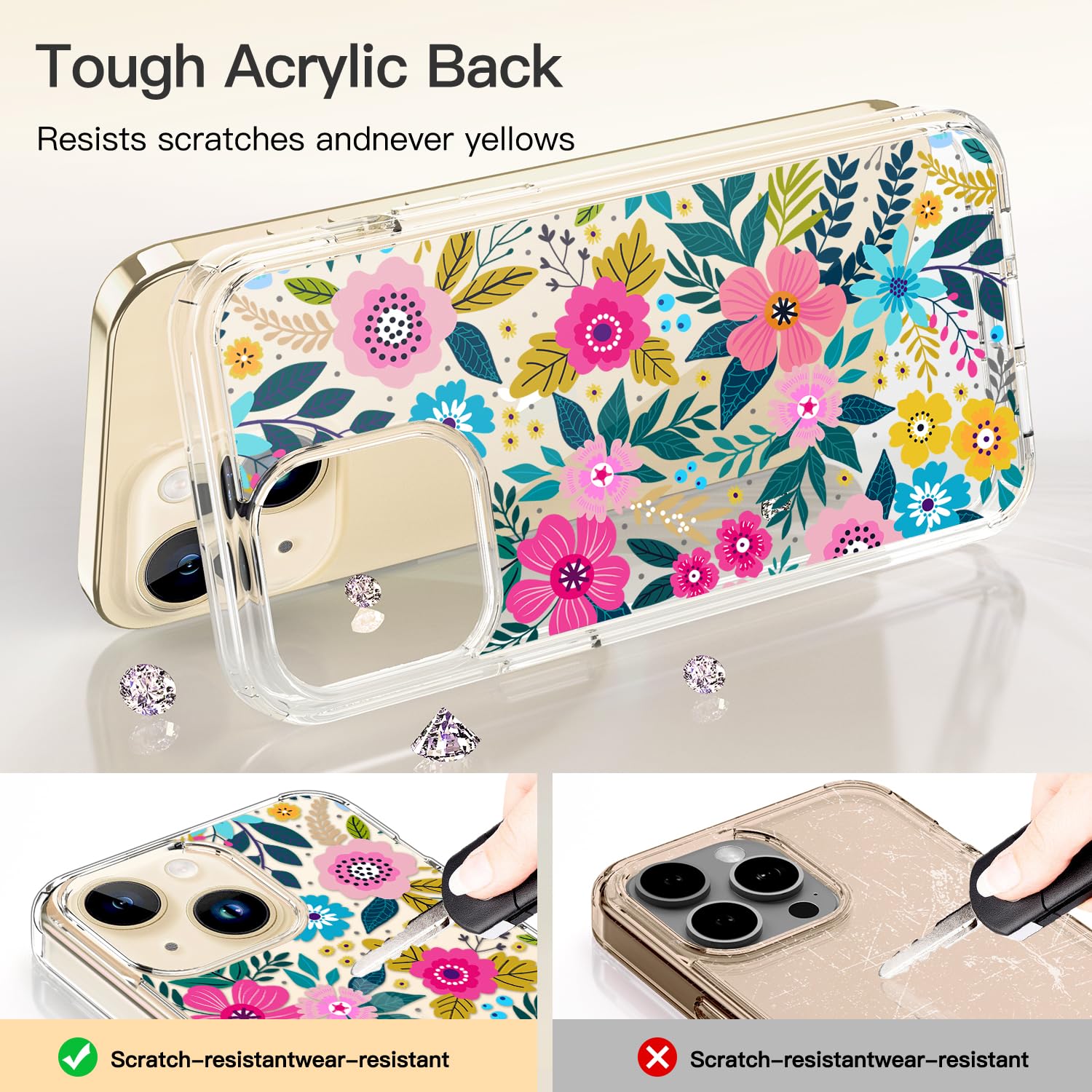 ICEDIO iPhone 14 Plus Phone Case with Screen Protector - Slim Fit Acrylic Colorful Blooming Floral 6.7"