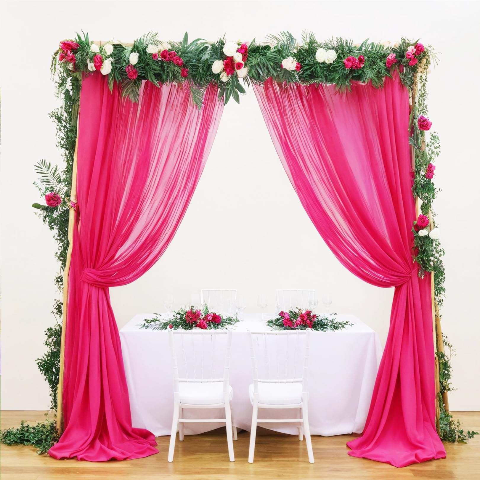 Duobao Hot Pink Chiffon Backdrop Curtain 2 Panels 29 Inch (74Cm Wide) By 120 Inches (300Cm Long) Wedding Chiffon Backdrop Drapes