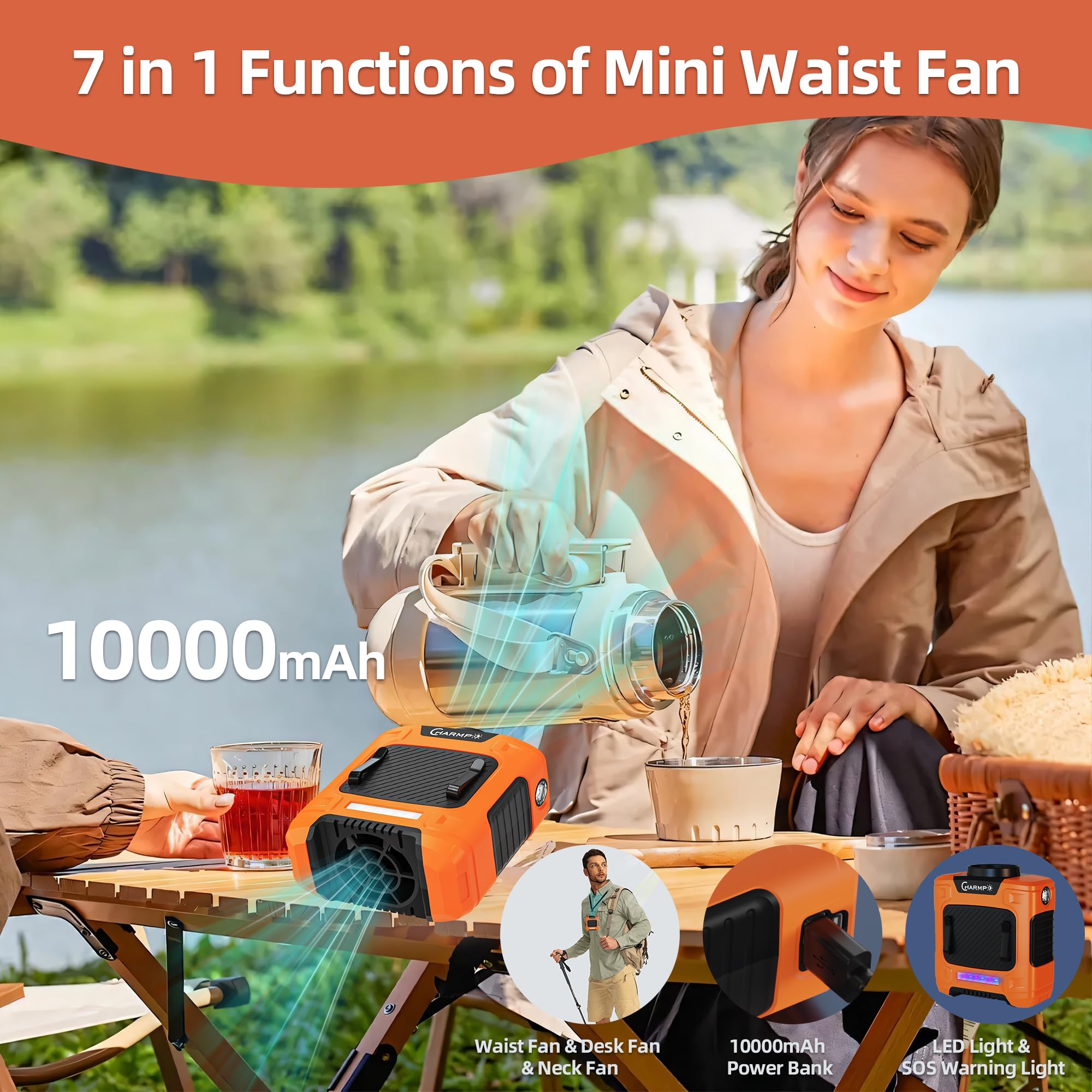 Charmp? Waist Fan   Portable Neck Fan With 10000Mah Battery, 24 Hour Runtime, Led Sos Light, 3 Speeds, 15500Rpm Strong Airflow