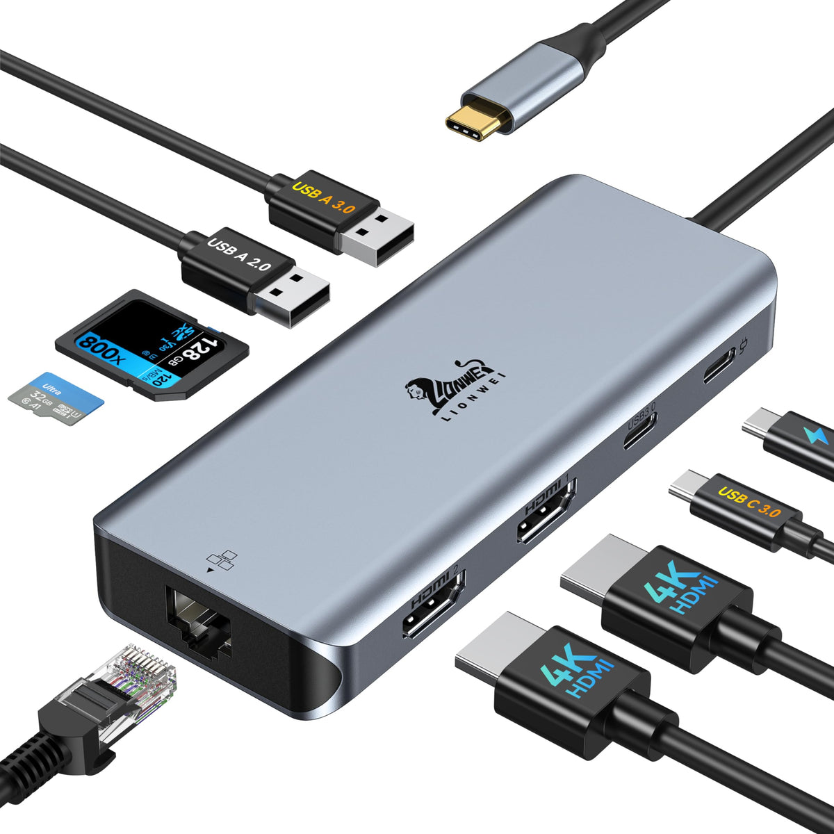 Lionwei 9 In 1 Laptop Usb C Docking Station, Dual Hdmi, 100W Pd, Usb C 3.0, Ethernet, Audio/Mic, Usb C Hub For Dell/Surface/Hp/Lenovo Laptops