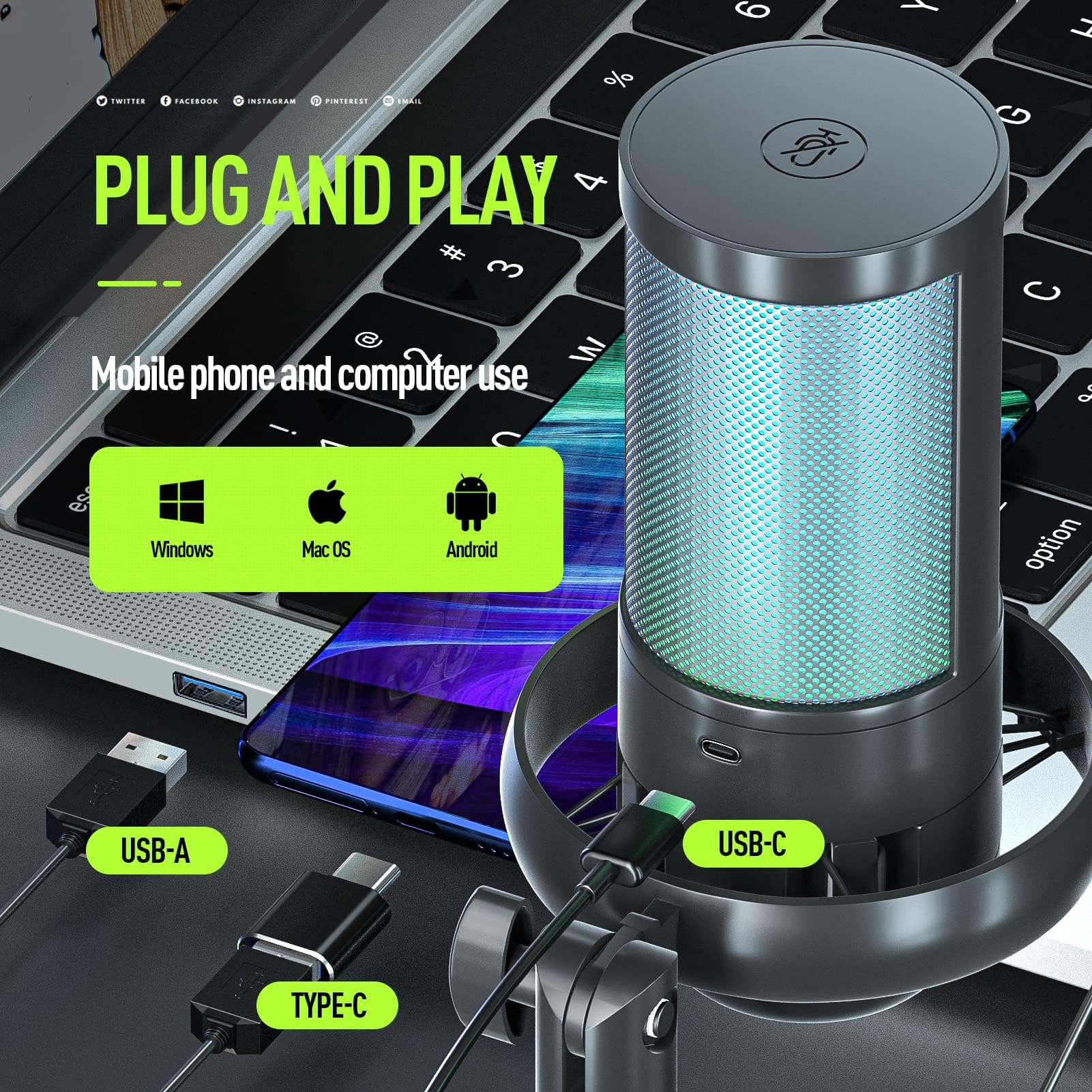 Gaming Microphone Kit Usb For Recording Streaming Podcast Condenser Microphone With Mic Boom Arm Stand Pop Filter Mute Gain Func