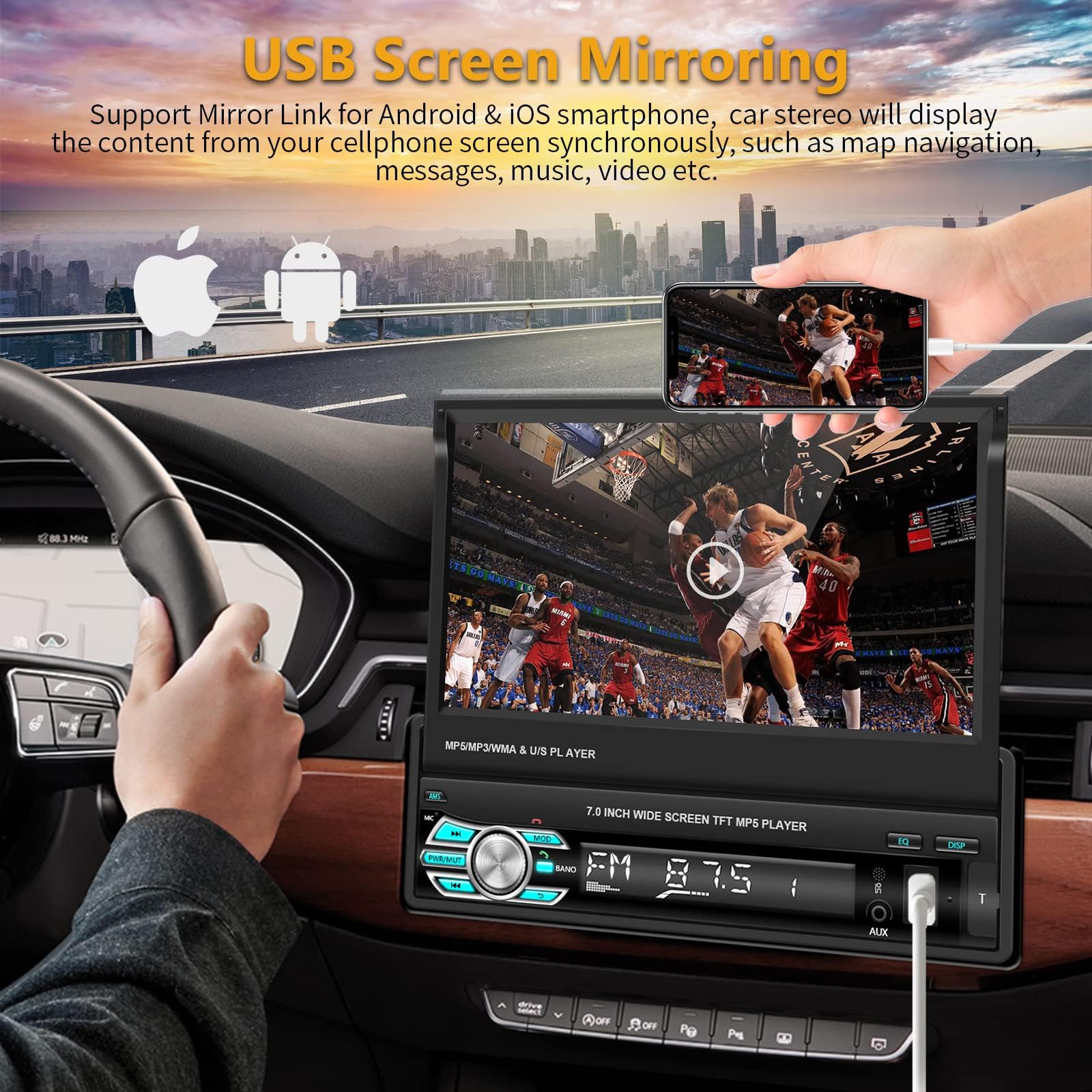 Podofo Single Din Apple Carplay Car Stereo With Bluetooth Ahd Backup Camera, 7� Flip Out Touch Screen Car Radio Mp5 Player Support Android Auto, Mirror Link, Usb, Tf, Fm Radio, Aux In, Swc