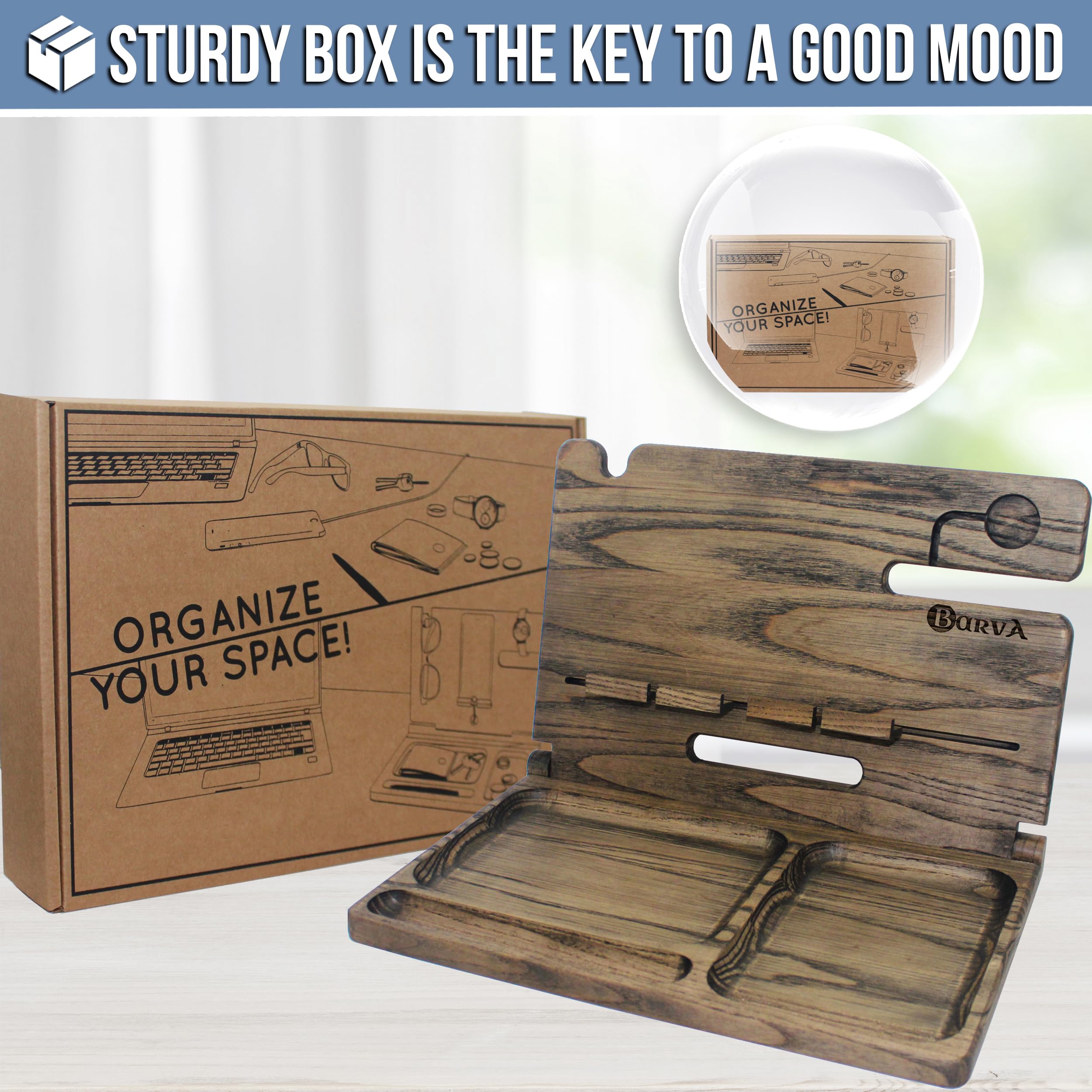 Barva Two Phone Docking Station | Foldable Night Stand Desk Organizer | Rustic Nightstand Organizer | Tablet Smart Watch Earbuds