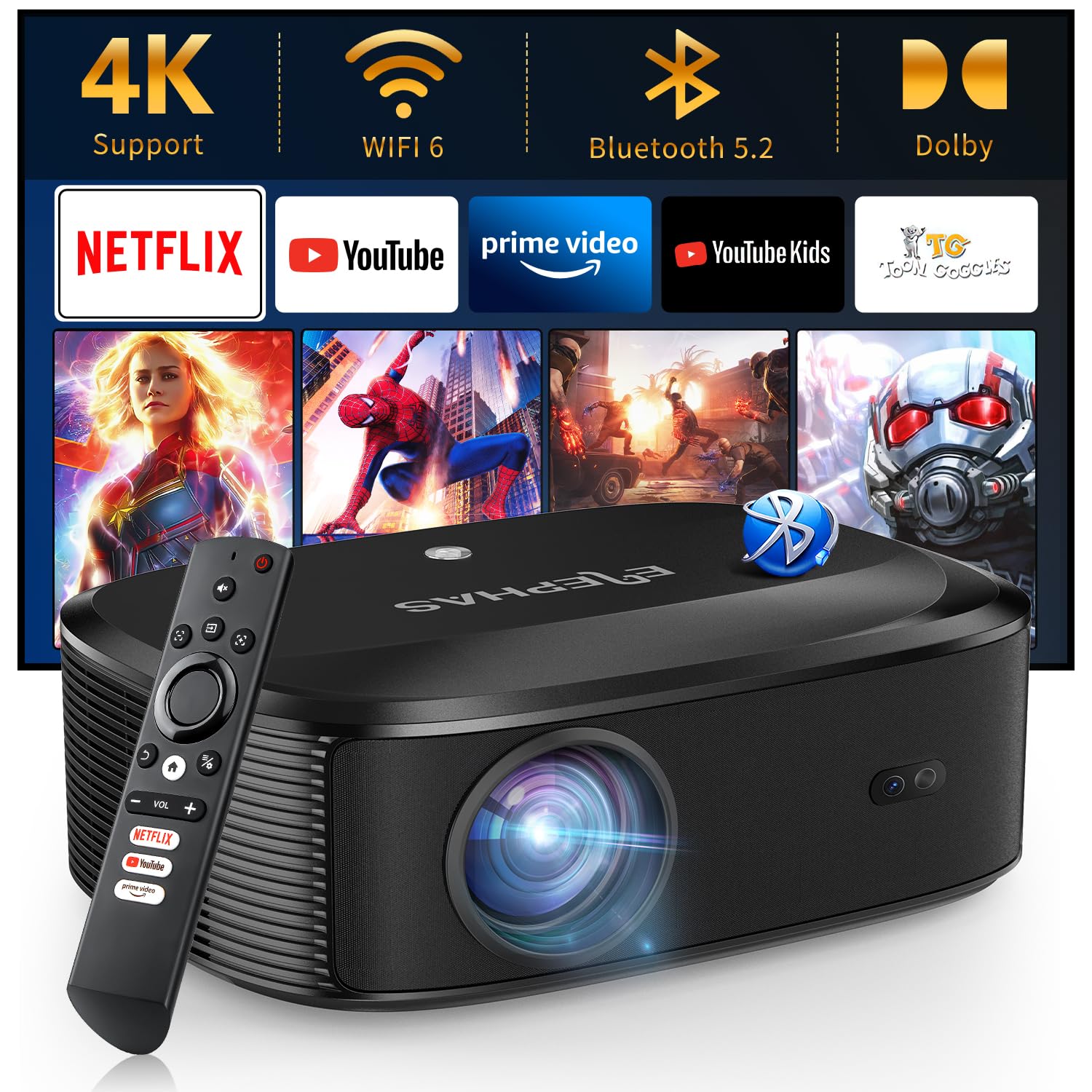 4K Projector With Wifi And Bluetooth, Elephas Outdoor Movie Projector With Netflix/Prime Video/Youtube Built In, 100,000+ Apps S