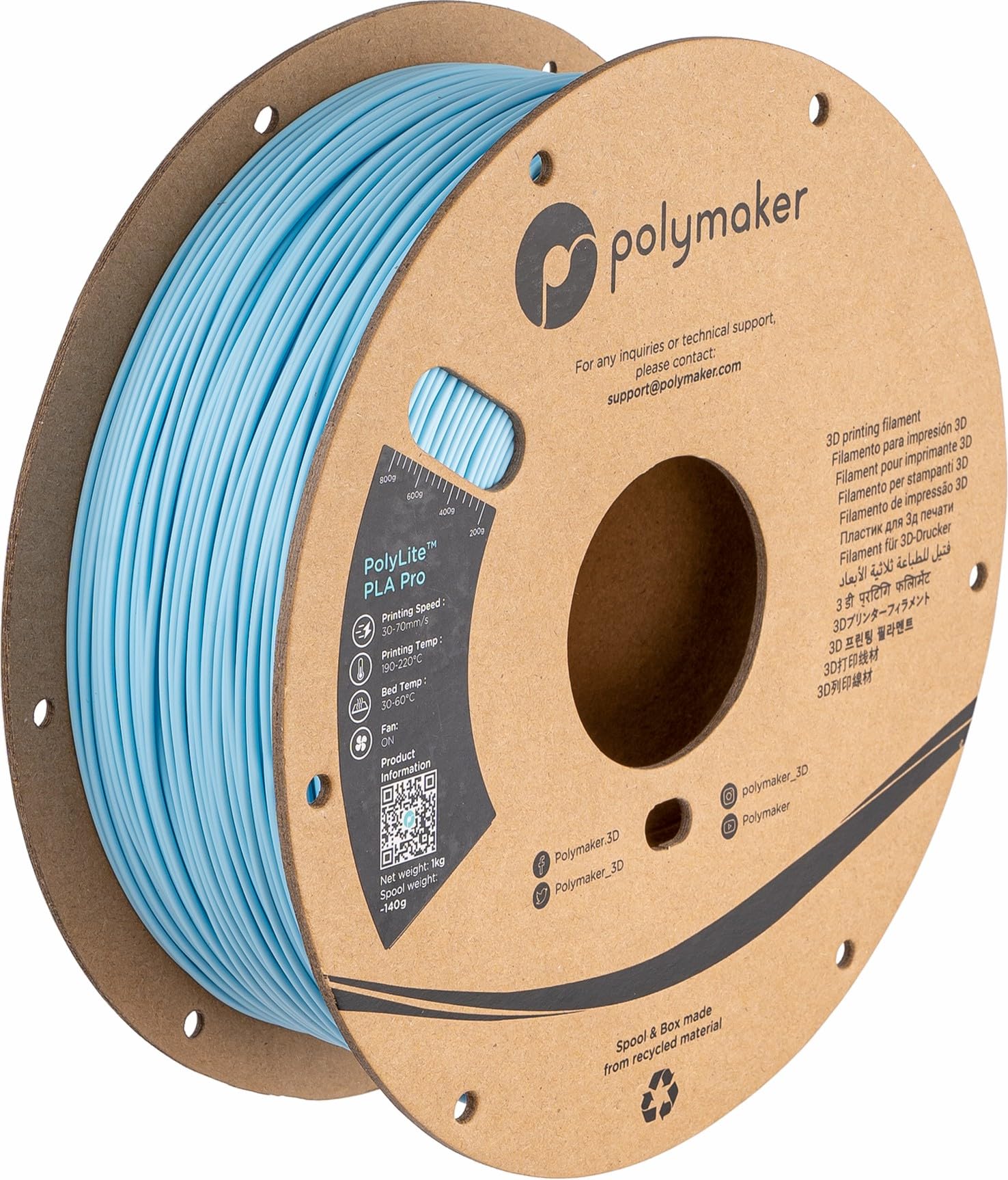 Polymaker PLA PRO Filament 1.75mm 1kg, Tough & High Rigidity Light Blue 3D Printing Filament, PolyLite PLA PRO 3D Printer Filame