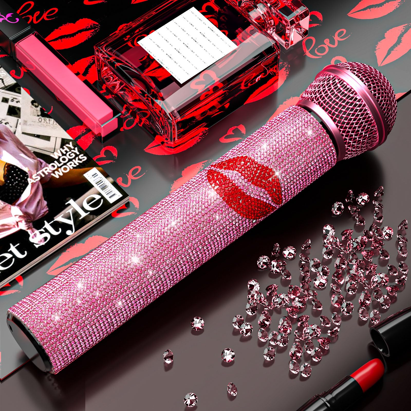Facmogu Pink Rhinestones Handle Cover, Red Lips Glitter Mic Sleeve For Wireless Microphone, Sparkly Crystal Mic Cover Sleeve, Be