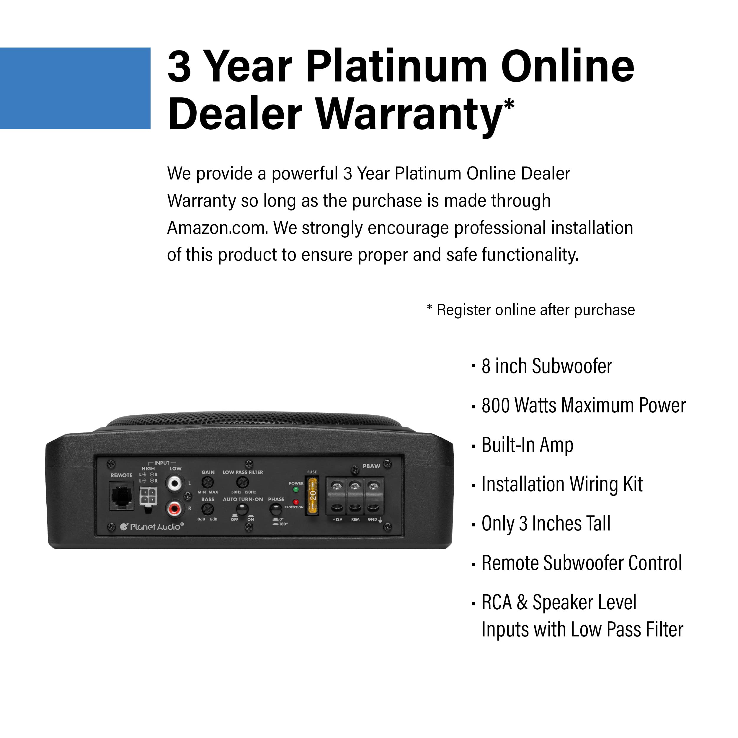 Planet Audio P8Awk Low Profile 8 Inch Under Seat Powered Car Subwoofer   800 High Output, Built In Amplifier, For Truck, Boxes A