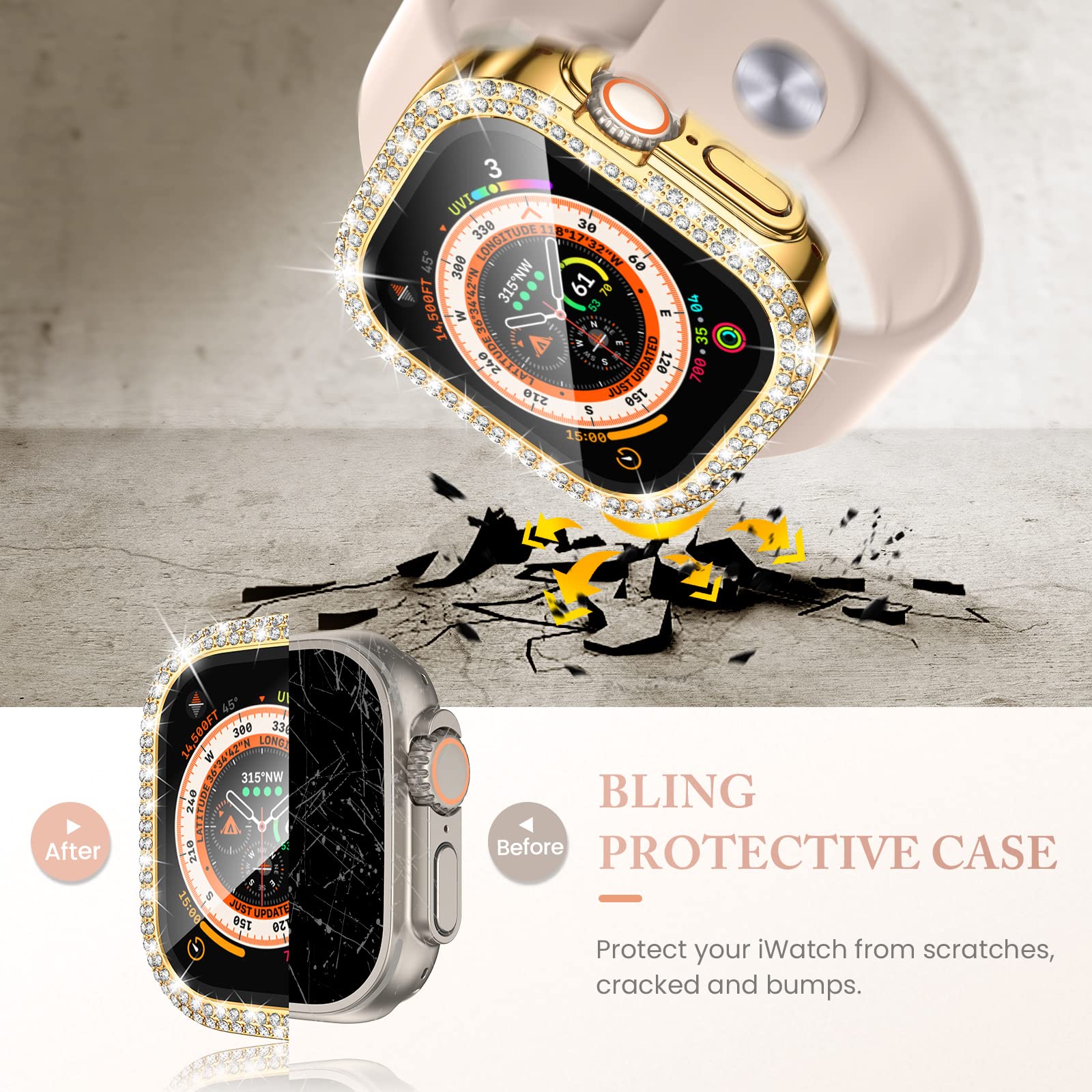 Goton 4 Pack Bling Screen Protector For Apple Watch Ultra Ultra2 2024 49Mm Case, Women Glitter Diamond Rhinestone Bumper Cover F